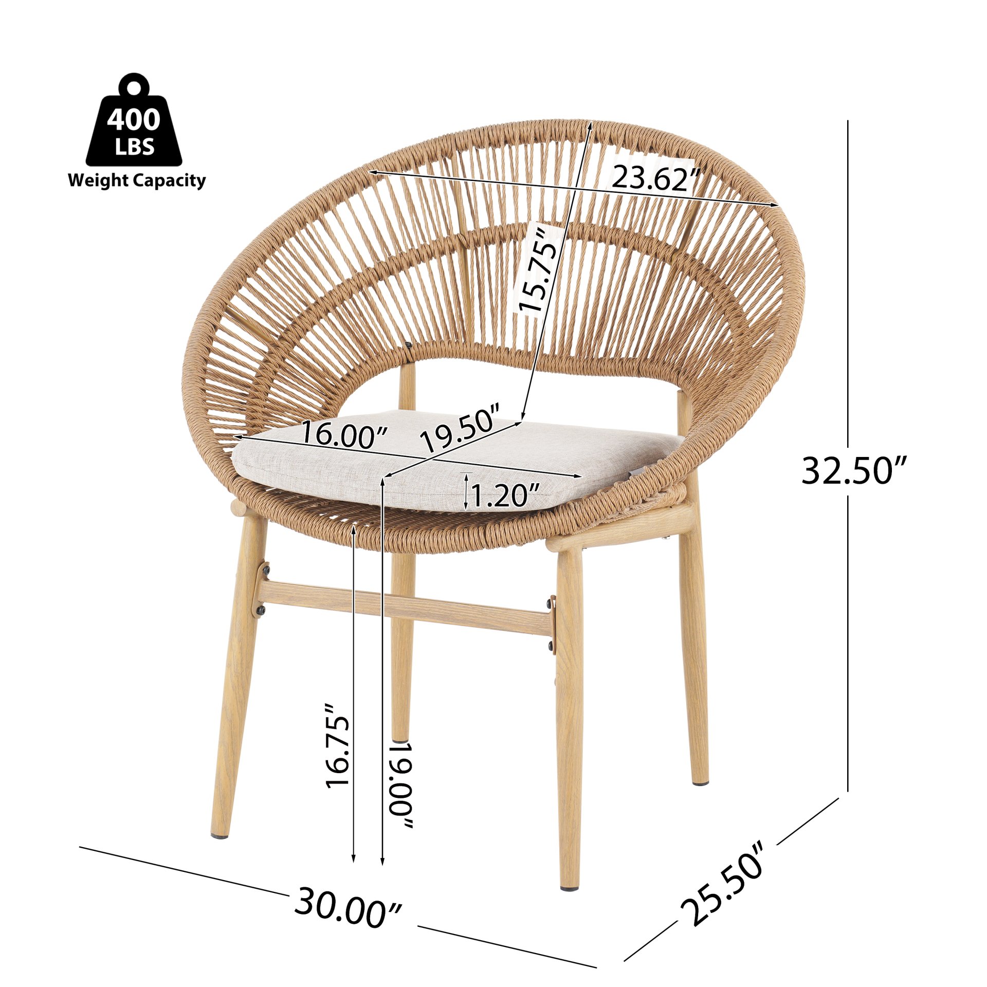 Cyril - Outdoor Wicker Papasan Style Dining Chair (Set of 2) - Beige / Light Brown / Teak - Image 3