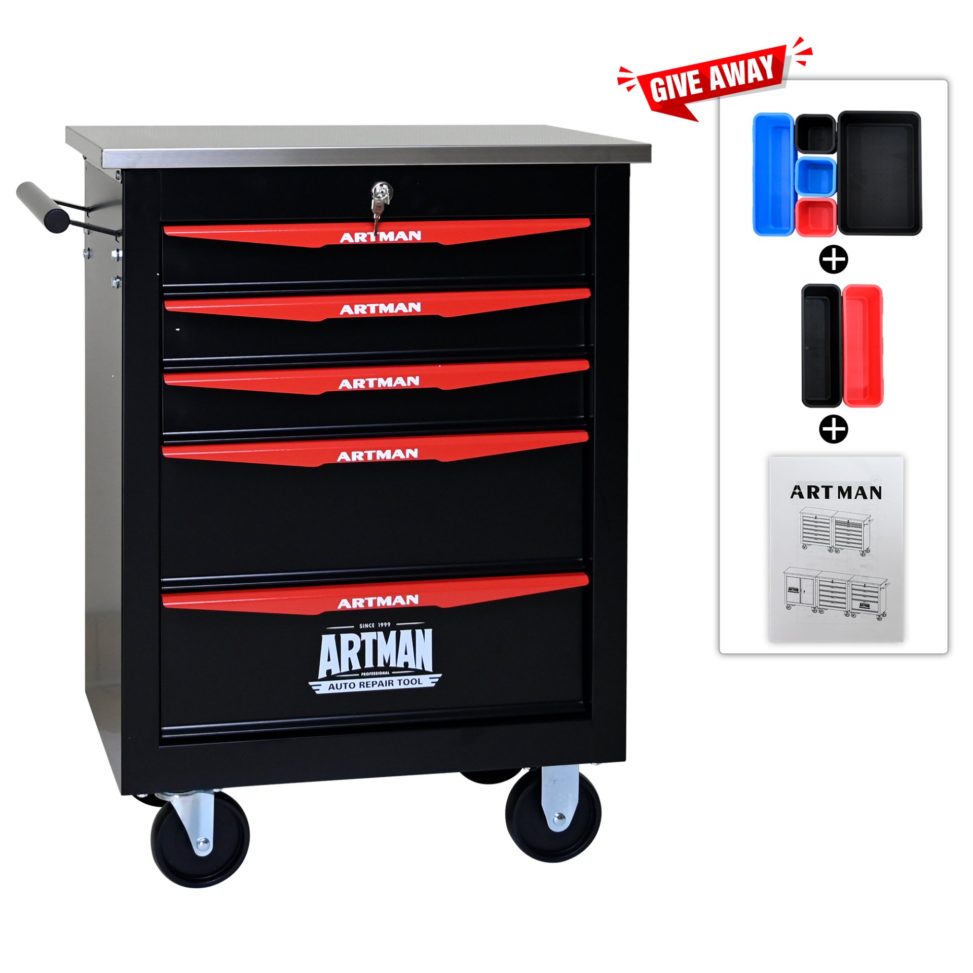 5 Drawer Multifunctional Tool Cart With Wheels, Metal Rolling Tool Cart Storage For Garage Workshop Warehouse Repair Shop With Stainless Steel Roof - Black / Red - Image 6