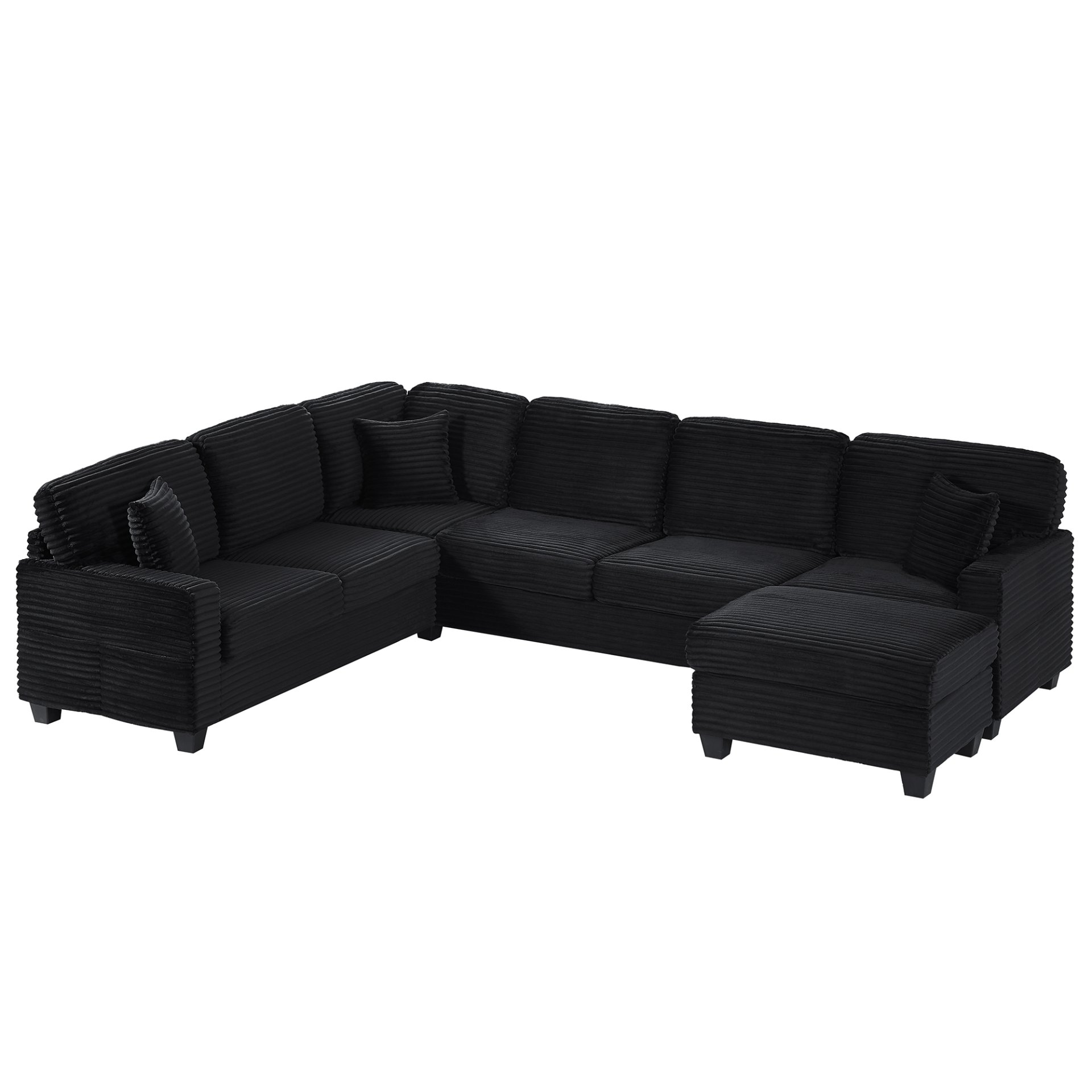Upholstered U Shaped Sectional Sofa With Movable Ottoman And Side Storage Pockets - Black - Image 14