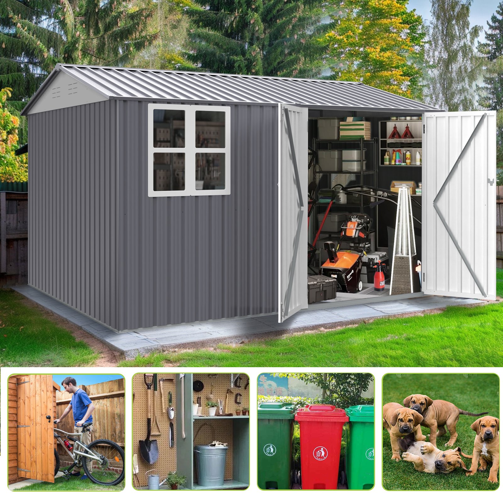 8 0 Ft Outdoor Storage Garden Tool Shed With Thickened Galvanized Steel With Sloped Roof & Double Lockable Door Storage Shed Large With 6 Vents - Gray - Image 2