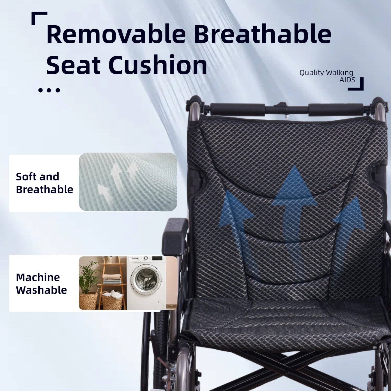 Premium Nursing Folding Wheelchair Frame Double Brakes Adjustable Seat Belt & Breathable Cushion Safe Comfortable Ride With Anti Backflip & Stability Features - Black / Gray - Image 10