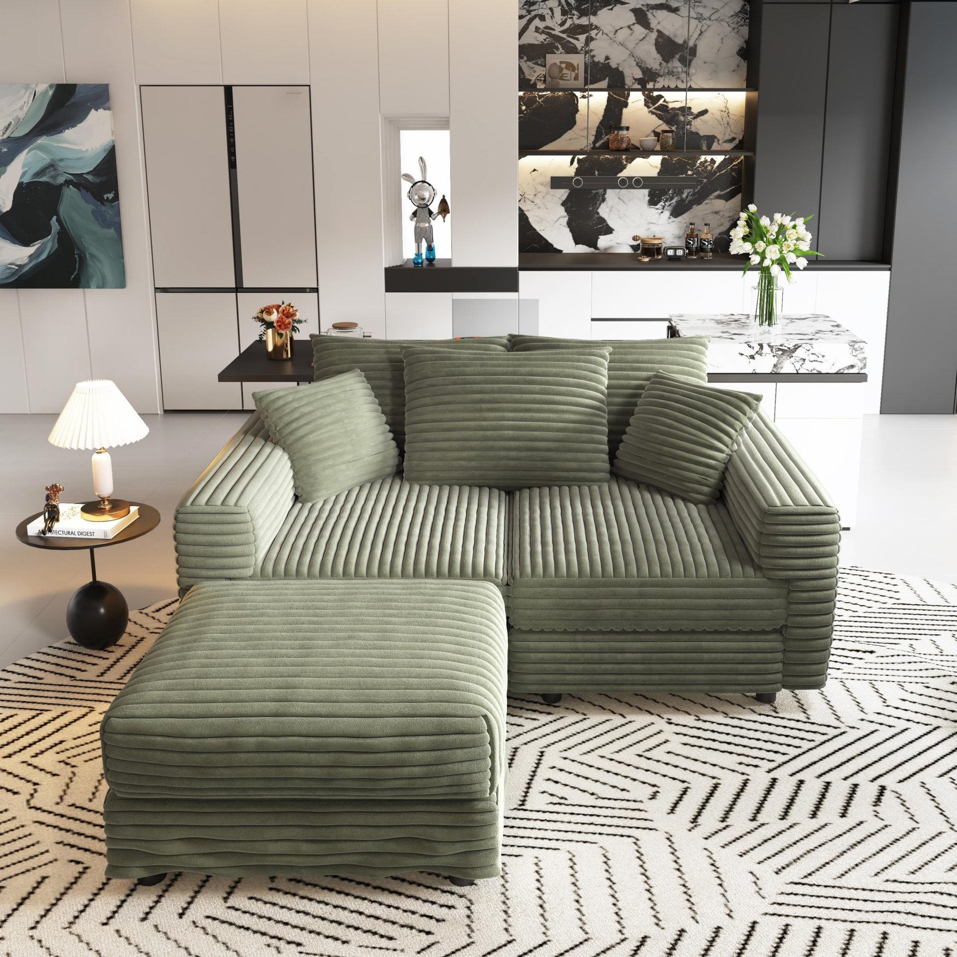3 Seat Sofa, Deep Seat Couches With Soft Pillows And 1 Ottomans, Convertible Sofa Lounge Chair, For Living Room - Green - Image 15