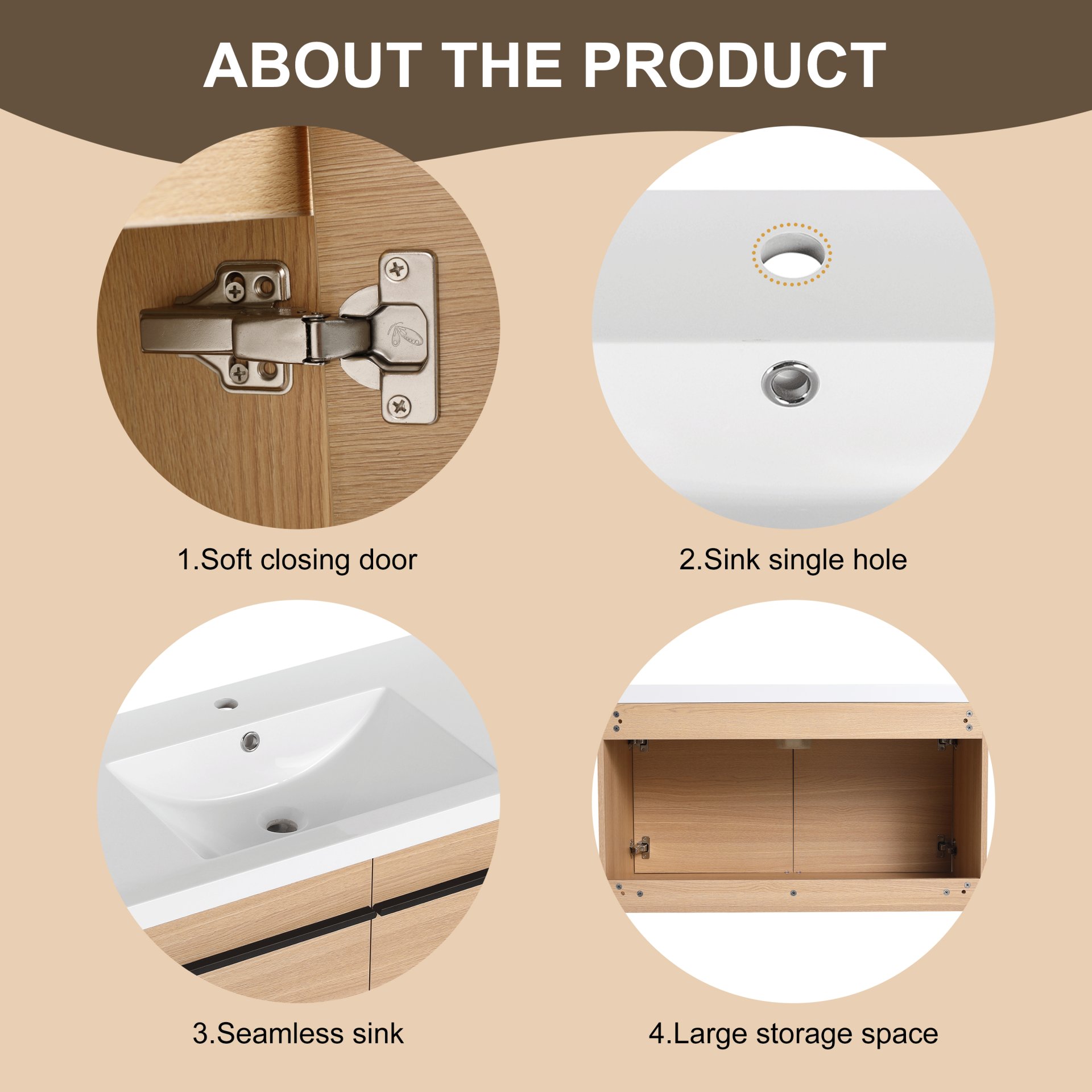 Bathroom Vanity With Resin Countertop Sink, 2 Doors Cabinet Set - Oak - Image 7