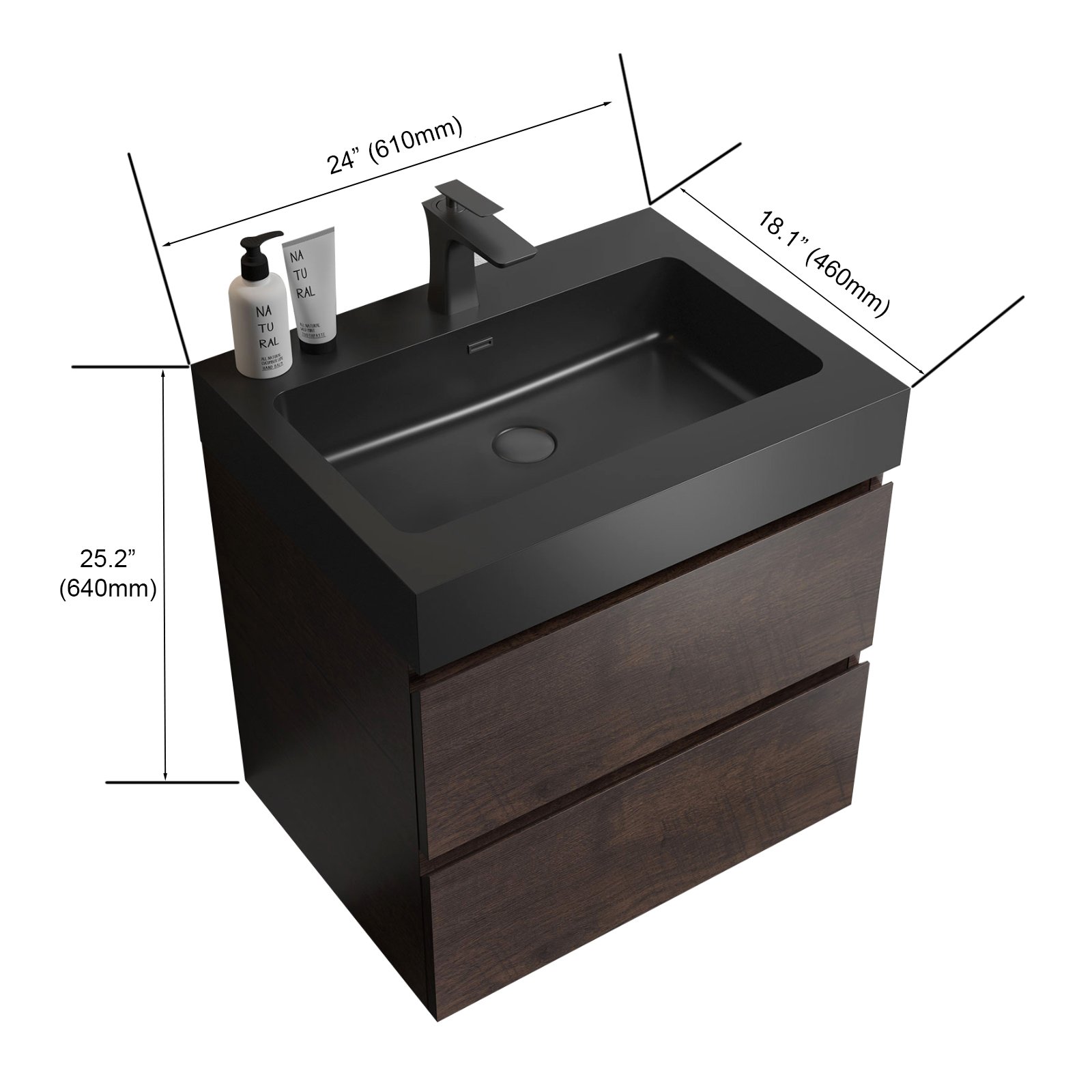 Alice - 24" Bathroom Vanity With Sink, Large Storage Wall Mounted Floating Bathroom Vanity For Modern Bathroom, One-Piece Sink Basin Without Drain And Faucet - Walnut / Black - Image 3