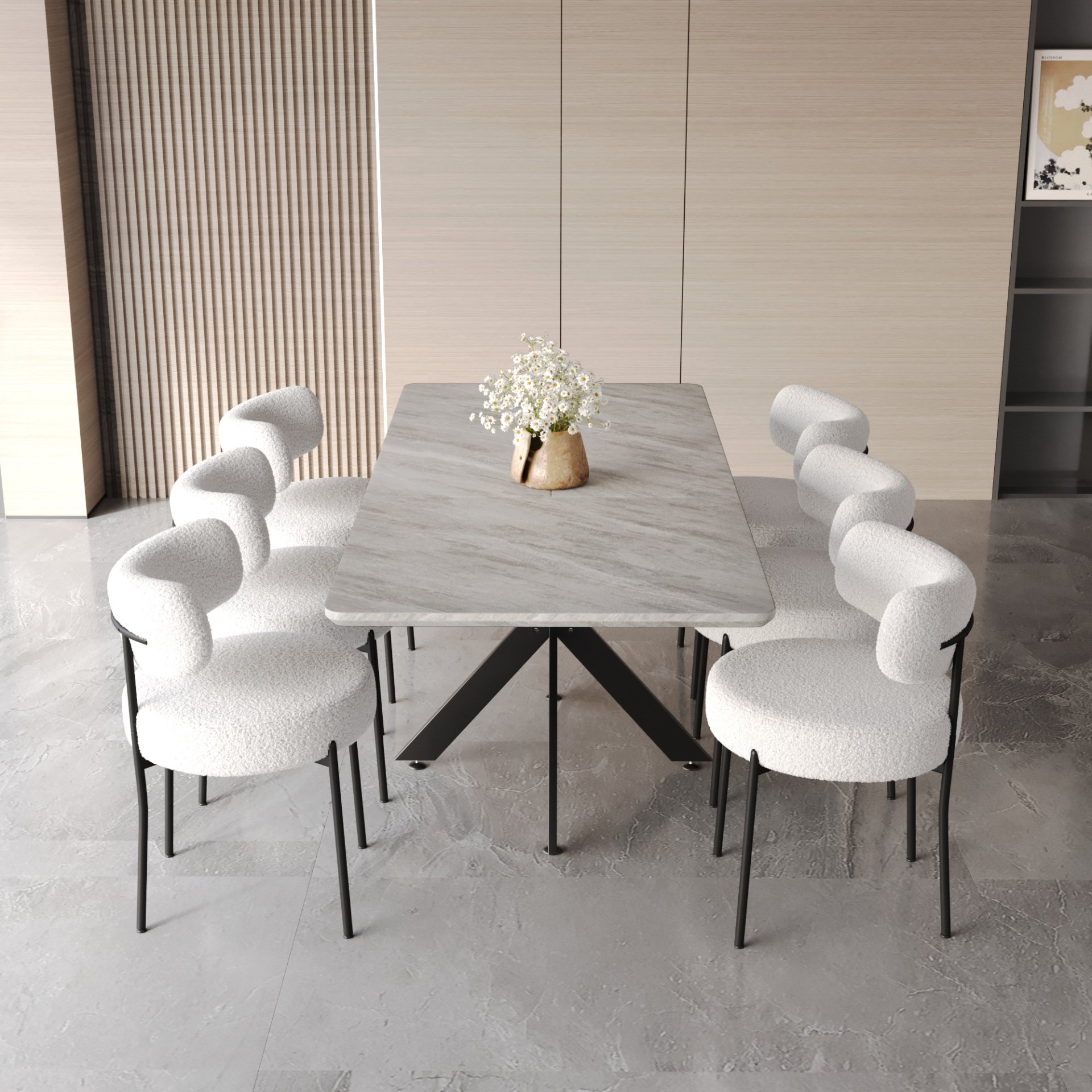 Modern Extendable Dining Table Set For 6 - 8, Curved Backrest Upholstered Chairs With Metal Legs - Gray / White - Image 16