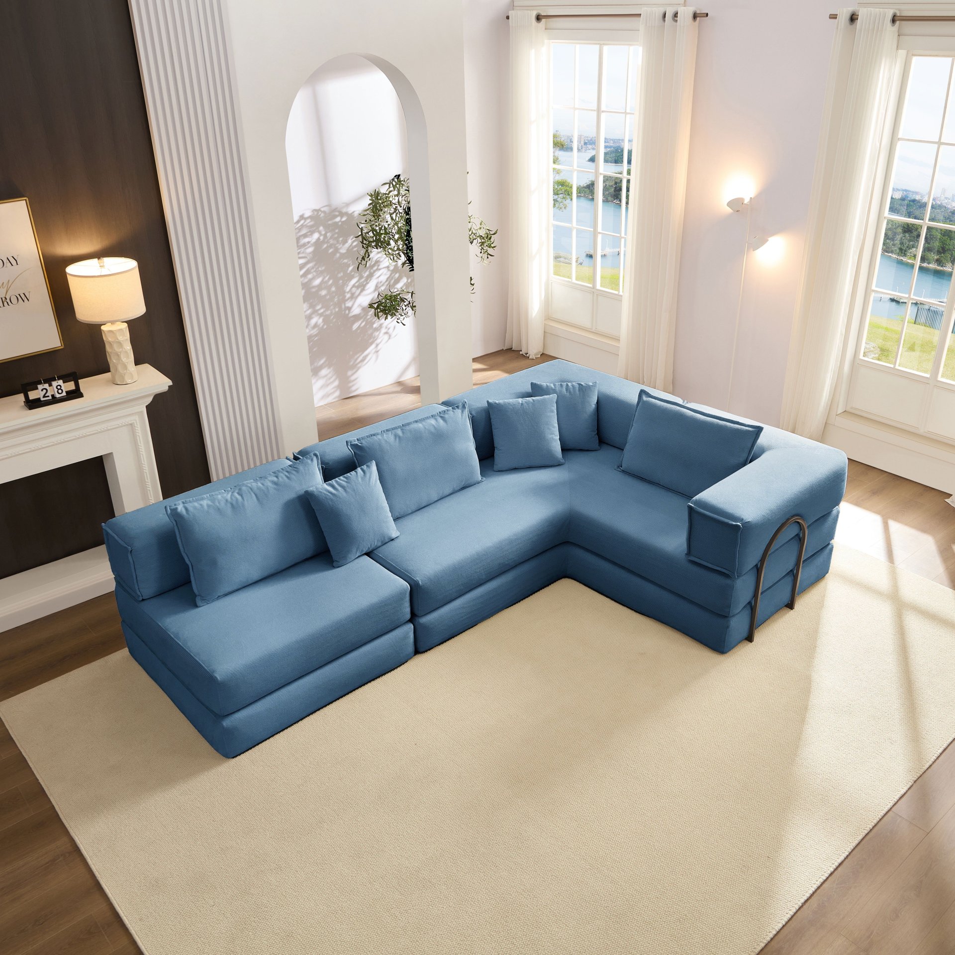 Oversized Upholstered Sectional Sofa Couch Set, Modular L Shaped Floor Sofa Set With 6 Pillows For Living Rooms - Blue - Image 5