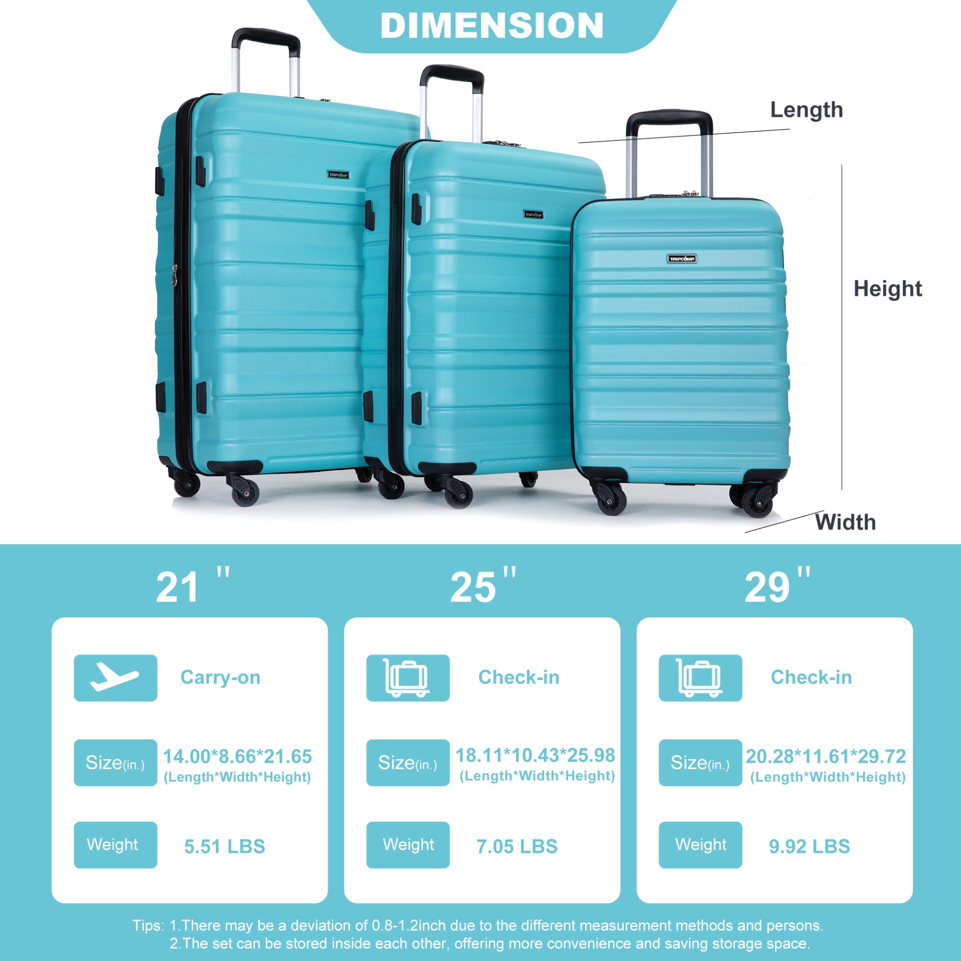 Expandable 3 Piece Luggage Sets Pc Lightweight & Durable Suitcase With Two Hooks, Spinner Wheels, Tsa Lock, (21/25/29) - Aqua Blue - Image 3