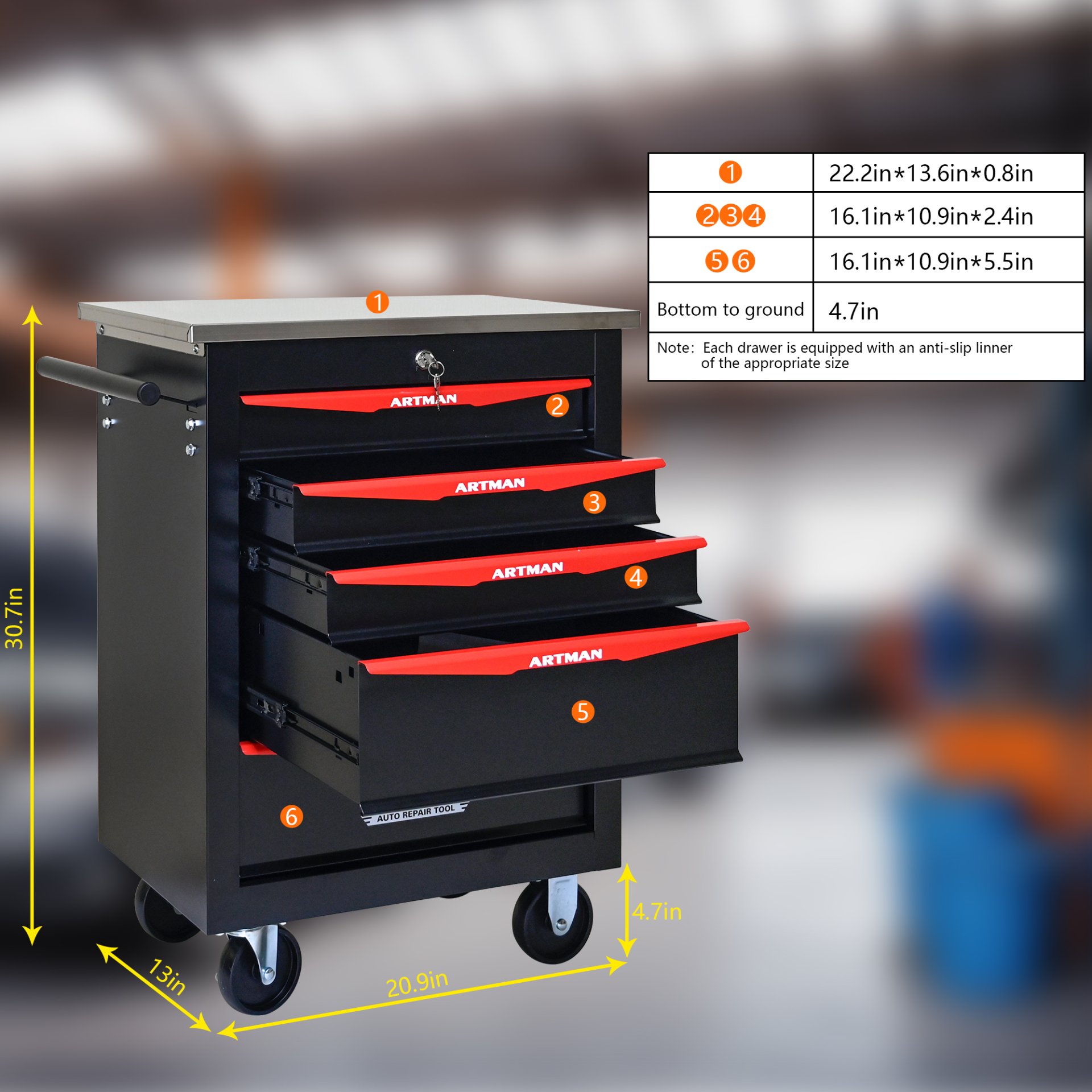 5 Drawer Multifunctional Tool Cart With Wheels, Metal Rolling Tool Cart Storage For Garage Workshop Warehouse Repair Shop With Stainless Steel Roof - Black / Red - Image 9