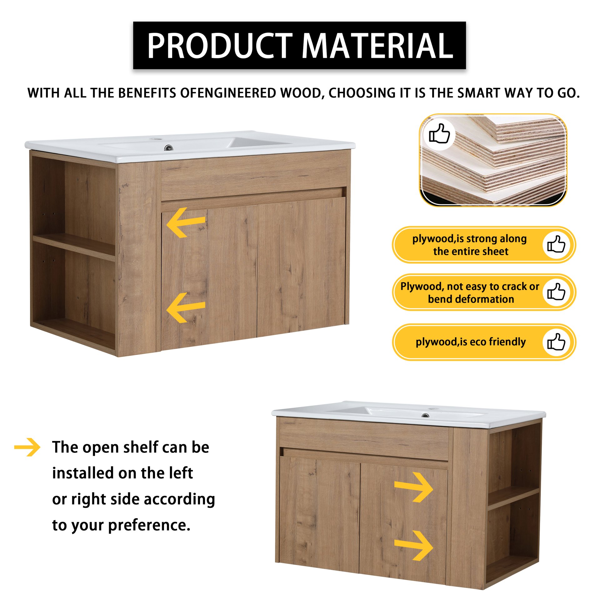 Modern Wall Mounted Bathroom Vanity With Sink And Storage Rack Soft Close Doors Plywood - Imitative Oak - Image 5