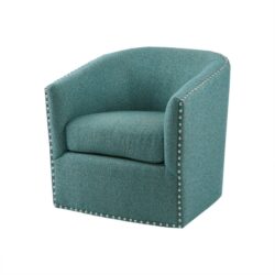Swivel Chair With Foam Cushion And Pewter Nailhead Trim Upholstery, Solid Wood Frame - Green