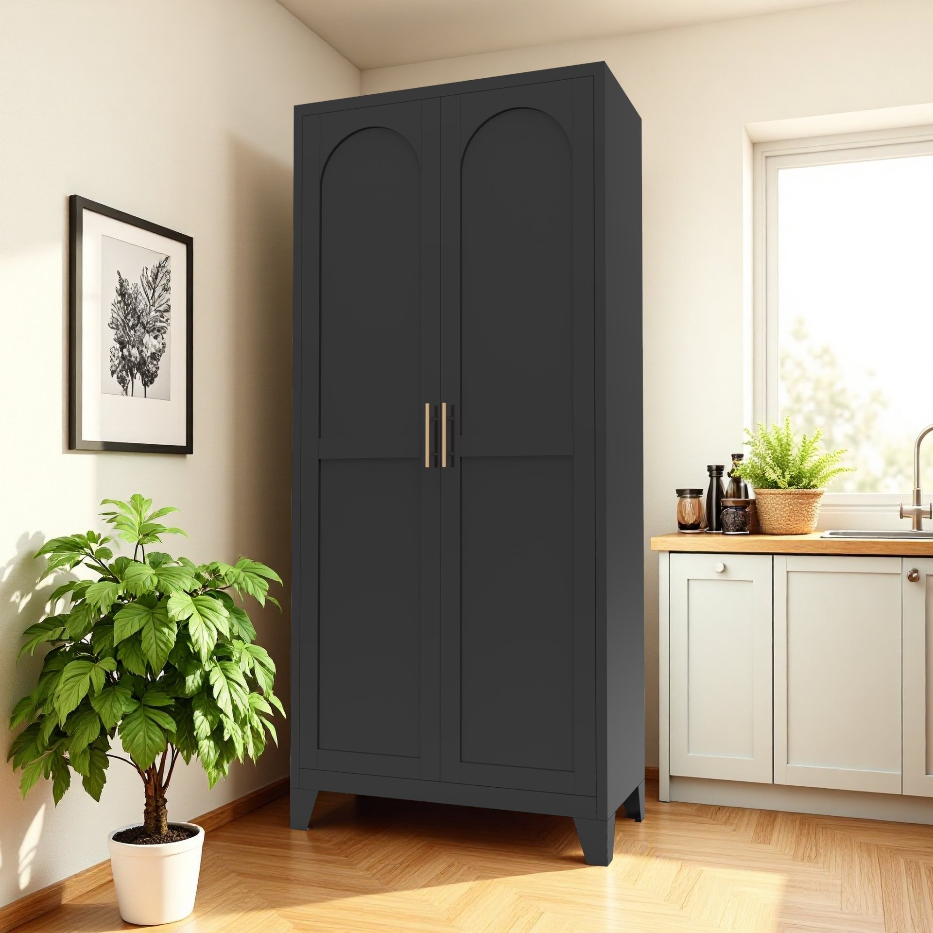 2 Shapely Doors Cabinet, Metal Storage Cabinet With Doors And Adjustable Shelves, For Bedroom, Living Room, Kitchen - Black - Image 2