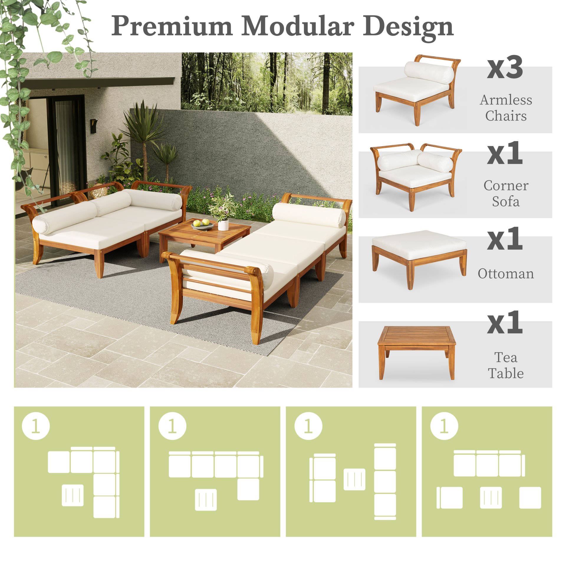 6 Piece Patio Sofa Set, Acacia Wood Outdoor Modular Sectional Garden Furniture Set L Shaped Conversation Set, Convertible Daybed With Tea Table, Ottoman, 5 Cushions And Pillows - Teak / Beige - Image 6