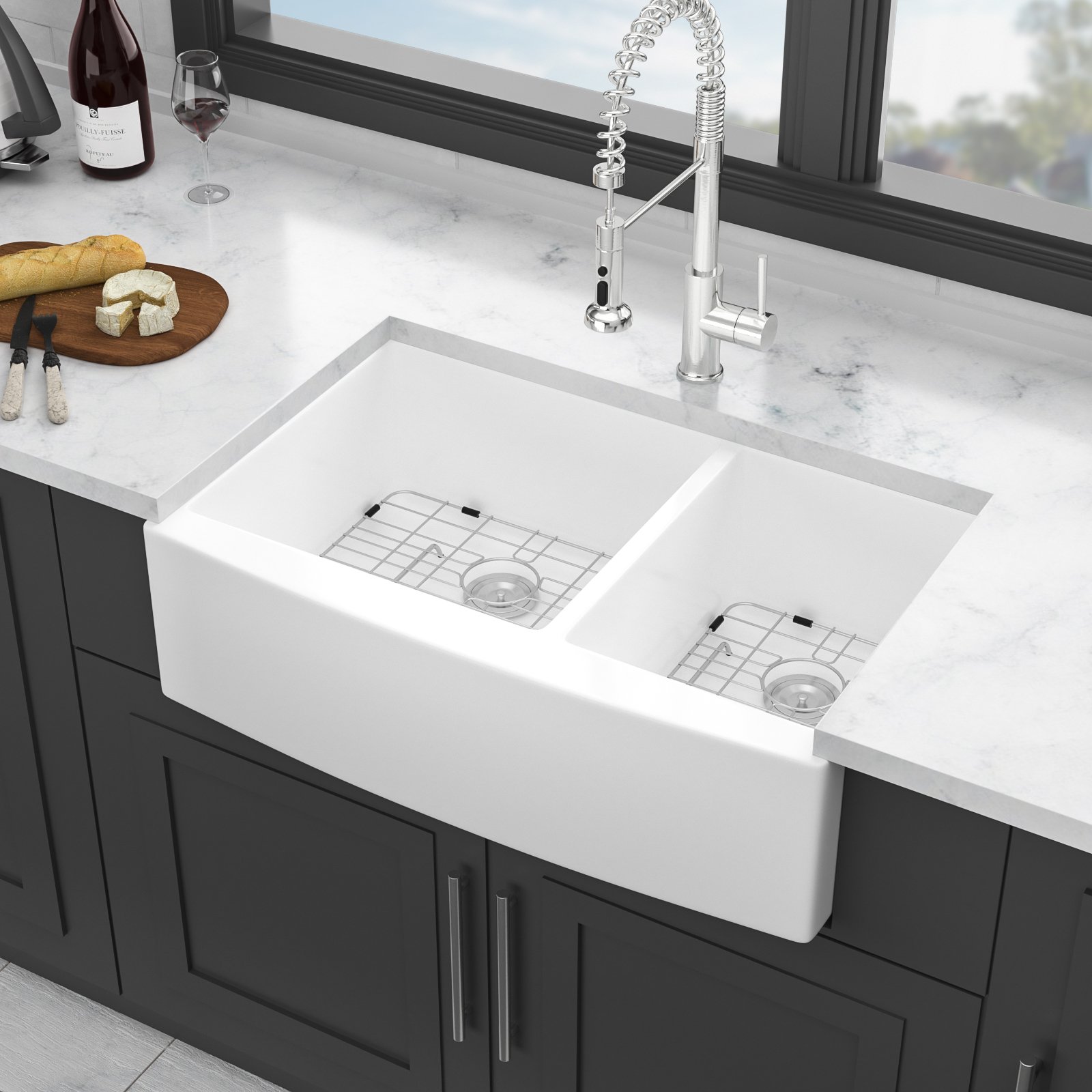 Sink 33" Double Bowl 60 / 40 Kitchen Sink With Deep Basin And Grids - White - Image 2