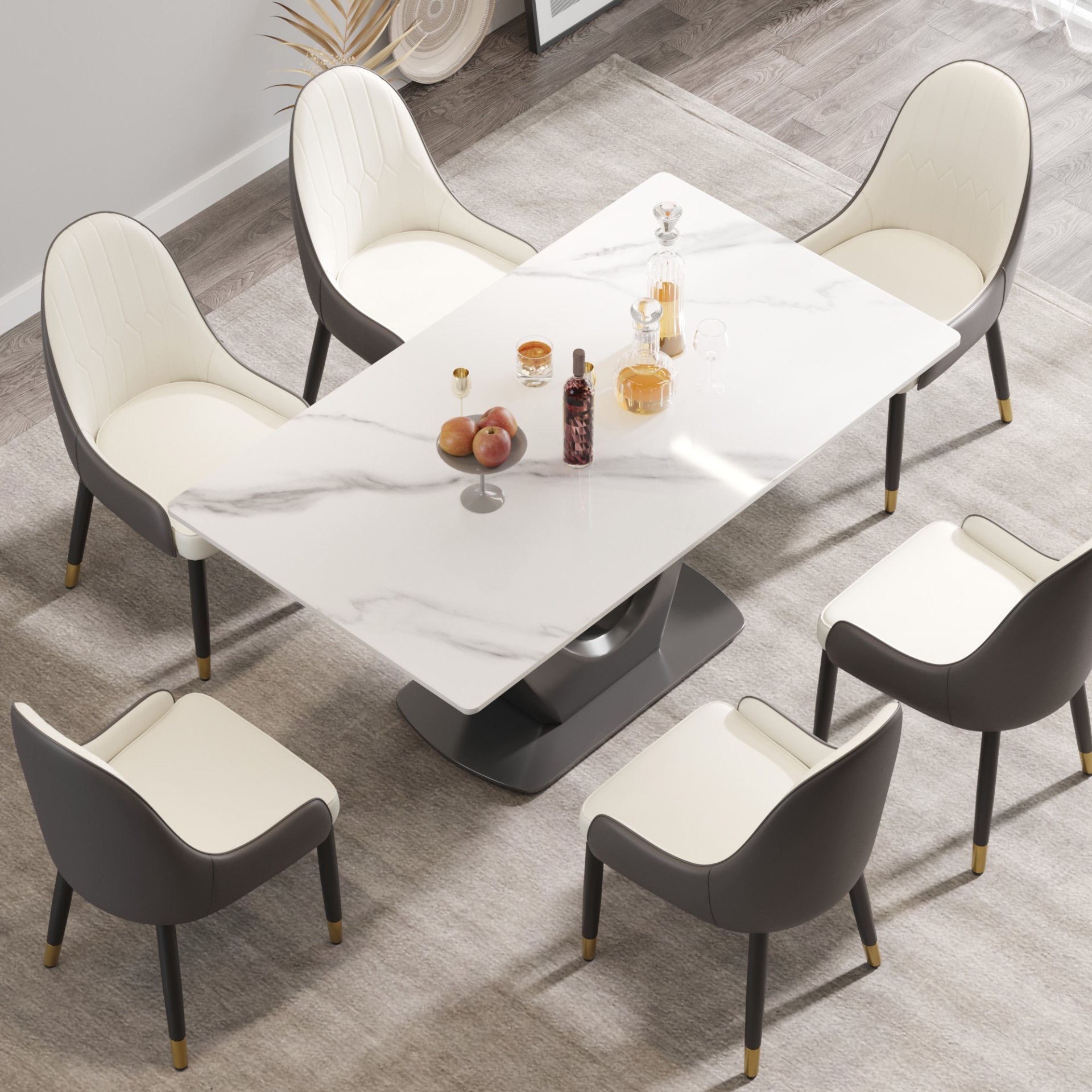 63" Modern Artificial Stone Panel V-Shaped Metal Legs, Can Accommodate 6-8 People - White / Gray - Image 4