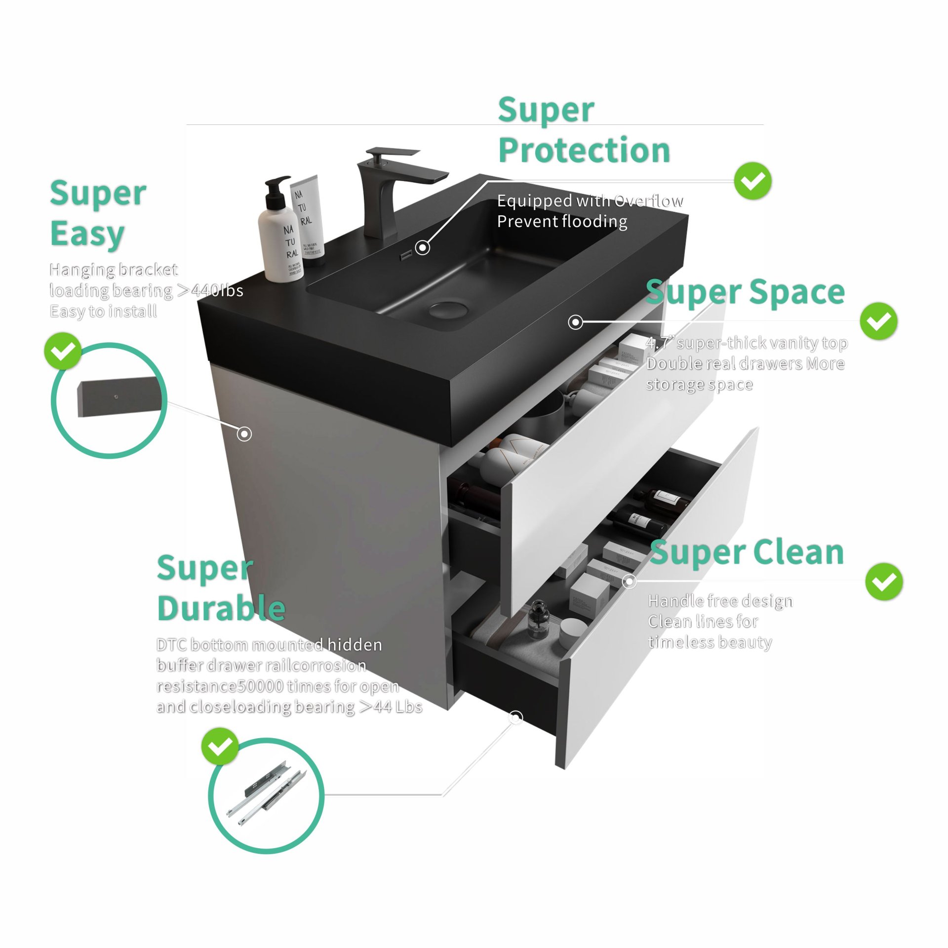 Alice - 30" Bathroom Vanity With Sink, Large Storage Wall Mounted Floating Bathroom Vanity For Modern Bathroom, One-Piece Black Sink Basin Without Drain And Faucet - White / Black - Image 6