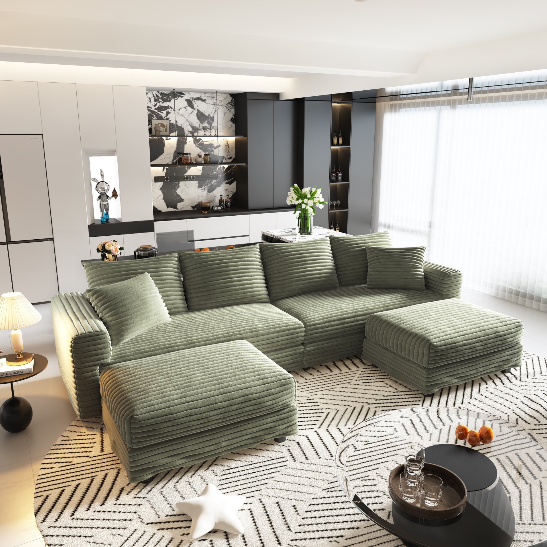 4 Seat Sofa, Deep Seat Couches With Soft Pillows And 2 Ottomans, Convertible Sofa Lounge Chair, For Living Room - Green - Image 8