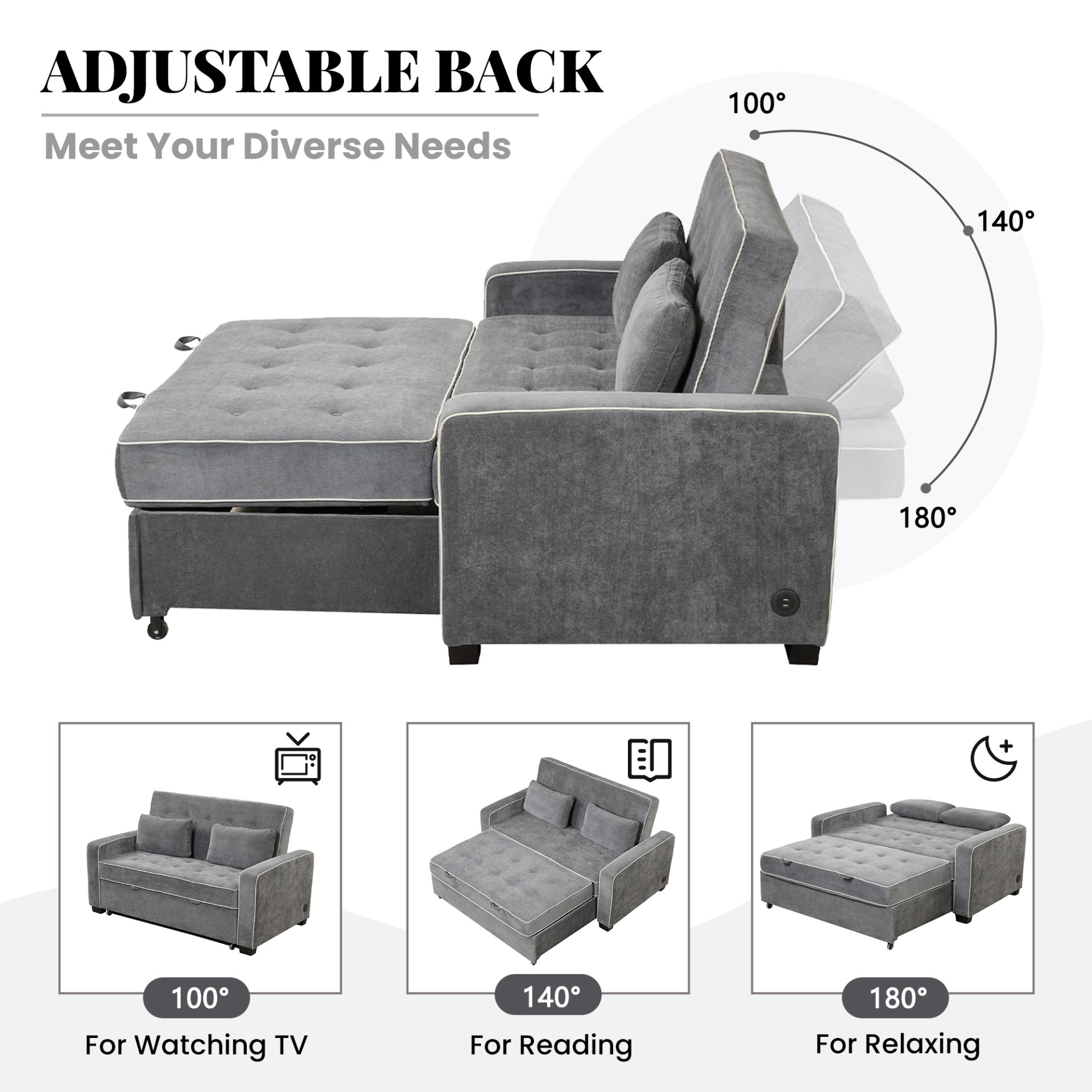Upholstered Sleeper Bed Sofa With USB Charging, Adjustable Backrest, And Throw Pillows - Charcoal Gray - Image 5