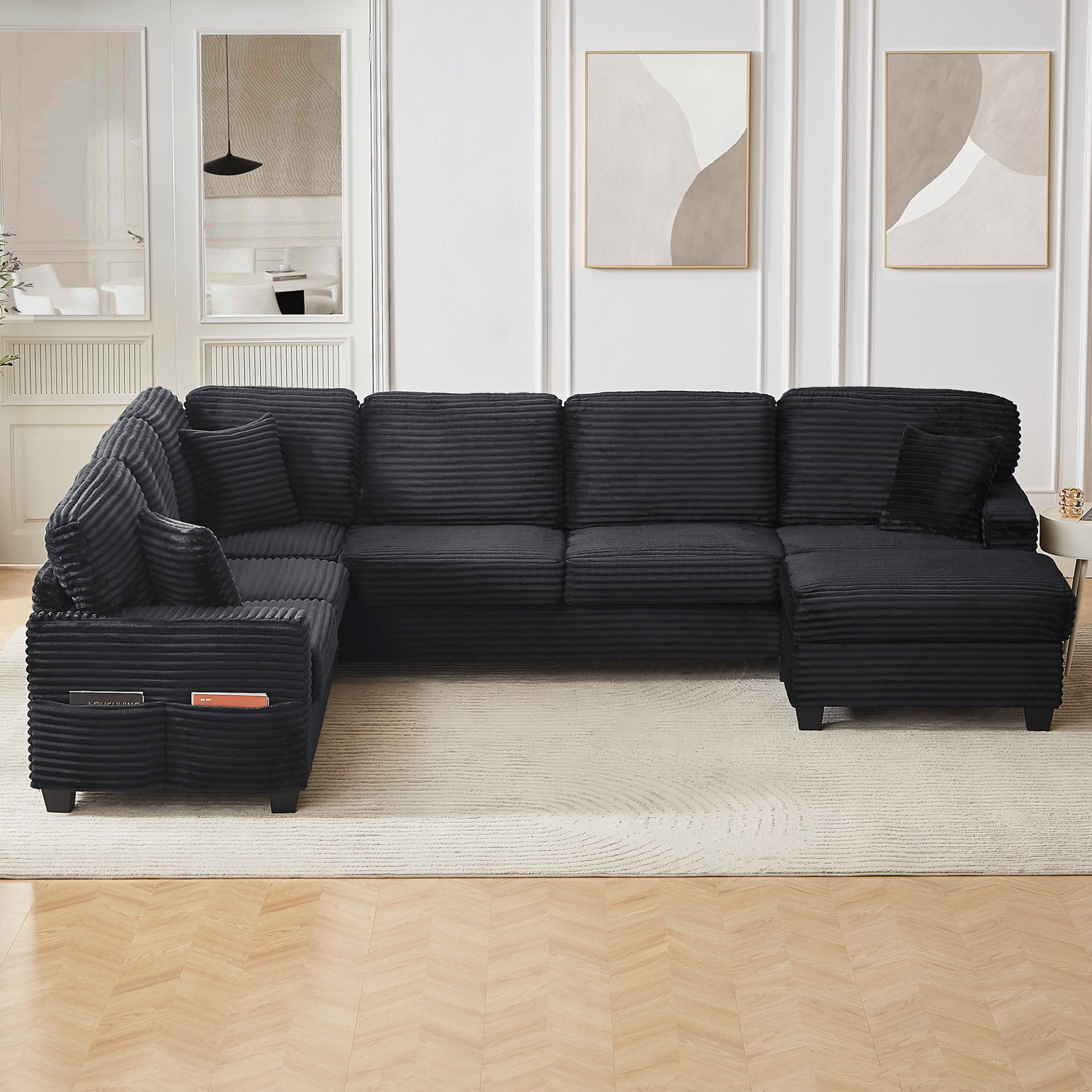Upholstered U Shaped Sectional Sofa With Movable Ottoman And Side Storage Pockets - Black - Image 6