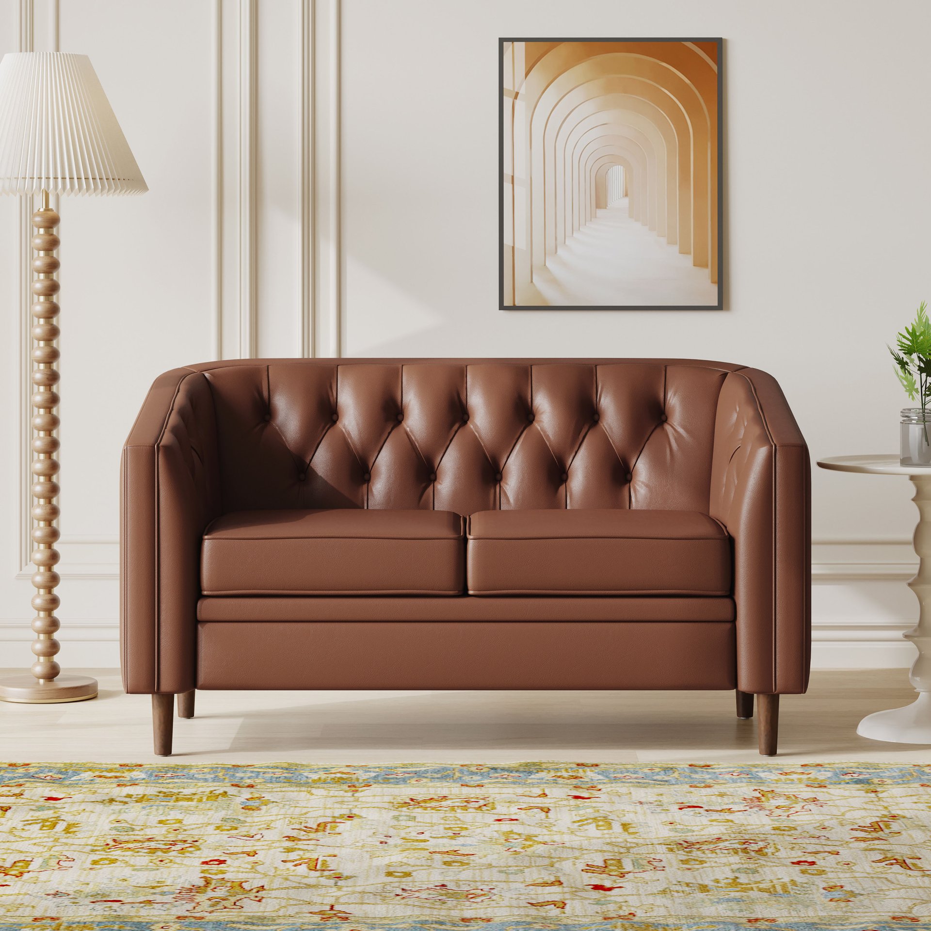 Sophisticated Loveseat With Diamond Stitched Detailing - Light Brown - Image 2
