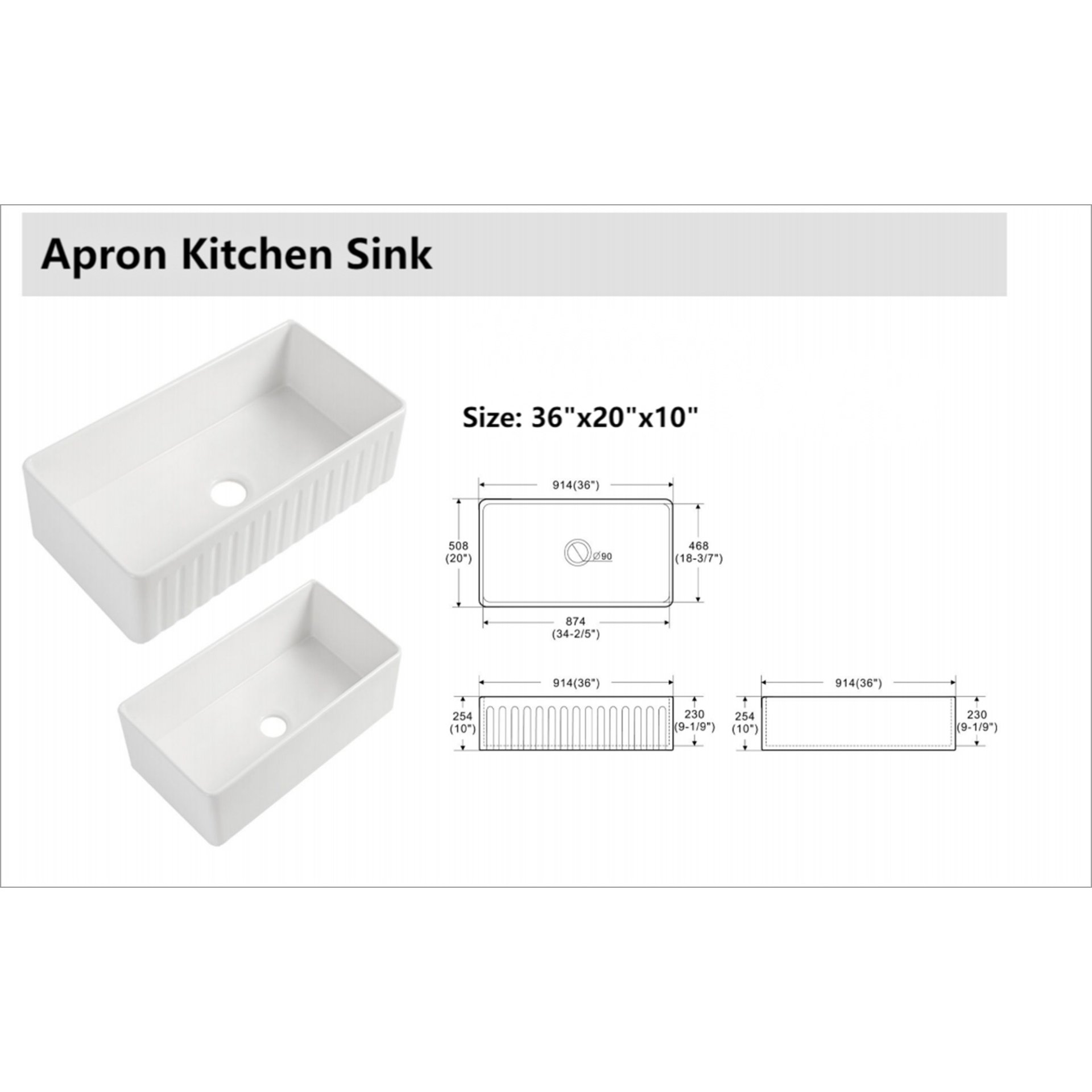 Sink 36" Single Bowl Kitchen Sink With Deep Basin And Grid - White - Image 3