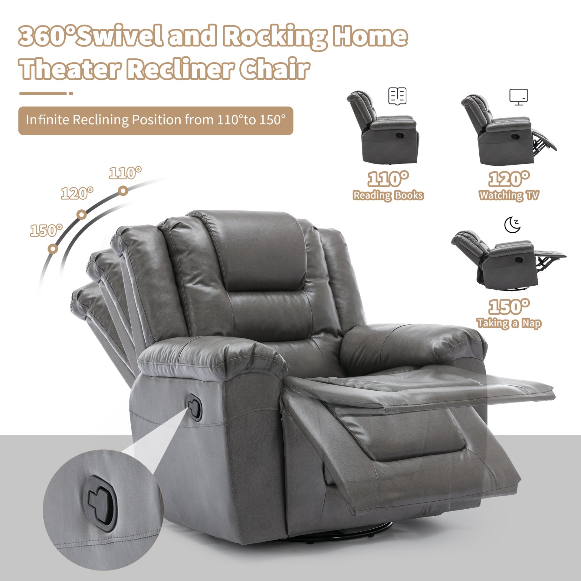 3 Seater Home Theater Recliner Manual Recliner Chair With Two Built-In Cup Holders For Living Room - Gray - Image 4