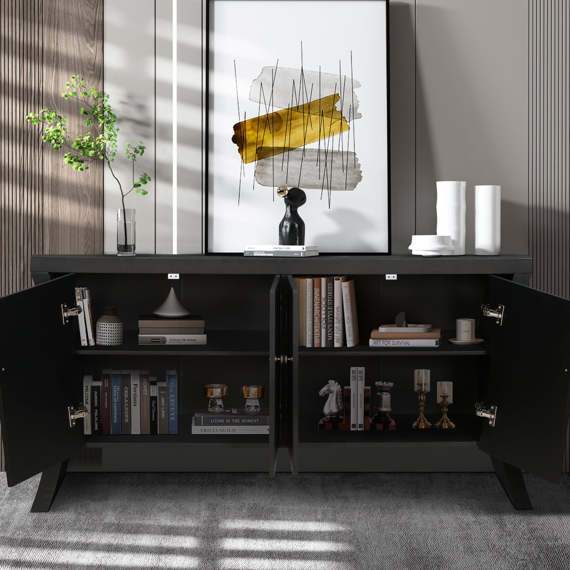 Refined 4 Door Credenza With Arc Legs & Bronze Clasps, Advanced Storage Design - Black - Image 4