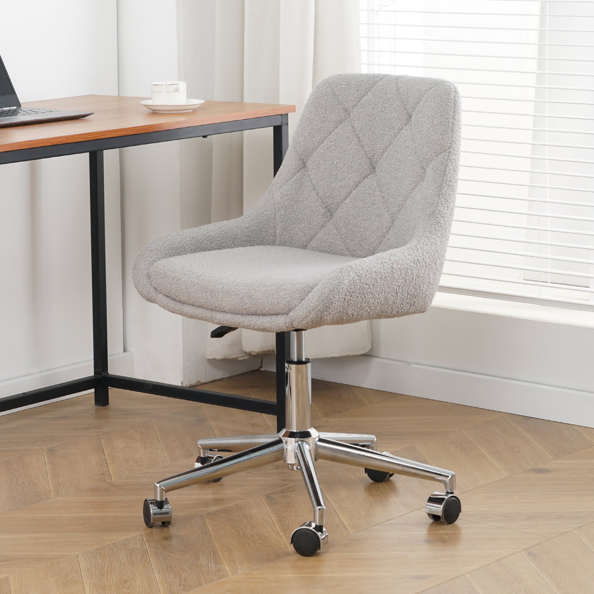 Modern Teddy Fleece Fabric Dining Chair With Chrome Legs, Soft And Comfortable - Gray - Image 2