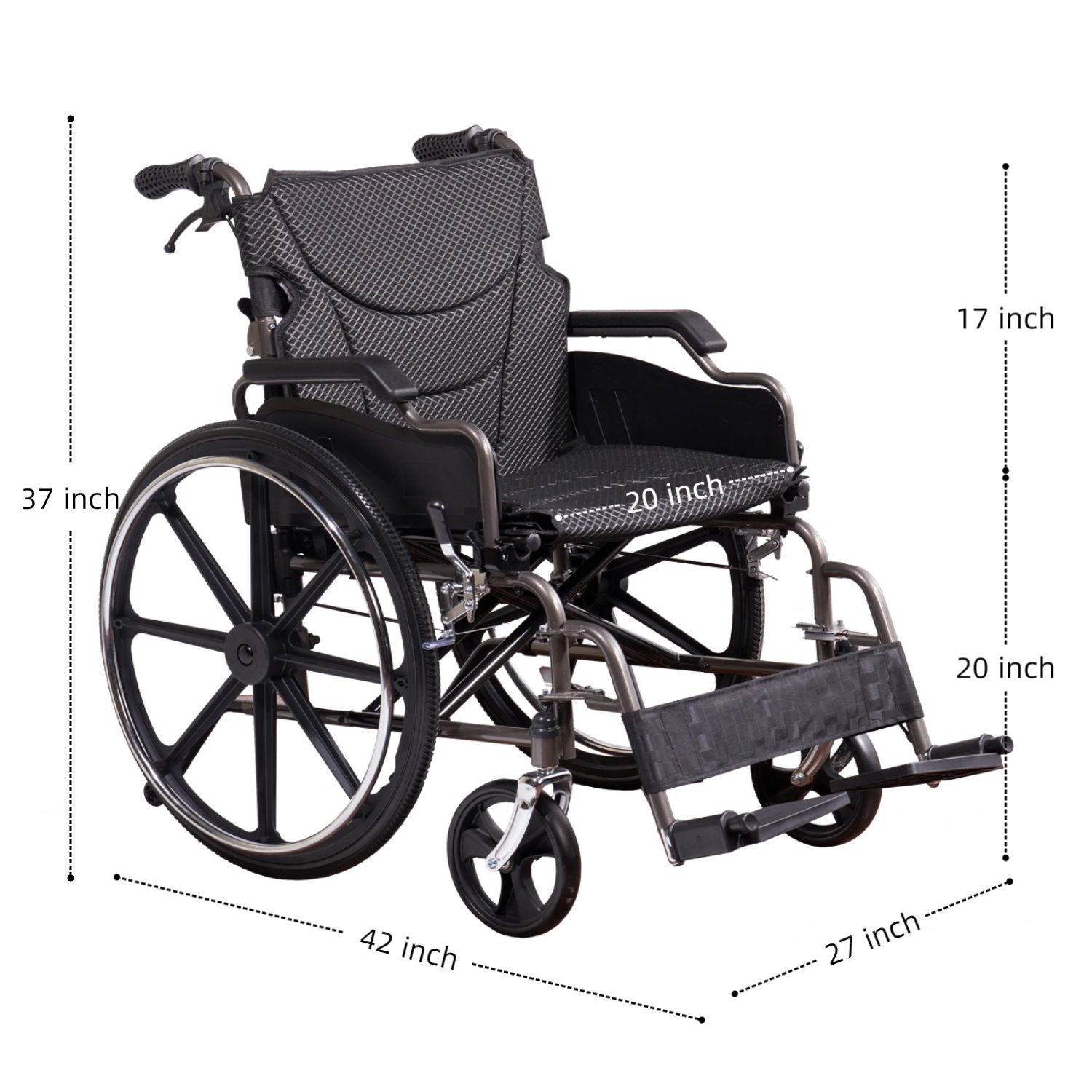 Heavy Duty Manual Wheelchair Double X Force Support 350Lbs Capacity All Terrain 24" Tires Foldable With Quick Release Wheels - Dark Gray - Image 3