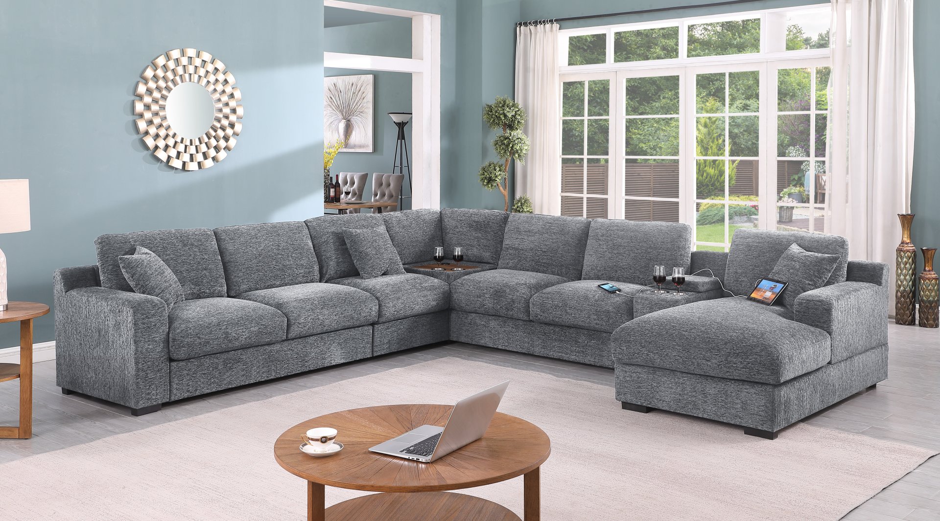 Celine - Chenille Fabric Corner Sectional Sofa With Right Facing Chaise, Cupholders, And Charging Ports - Light Gray - Image 6