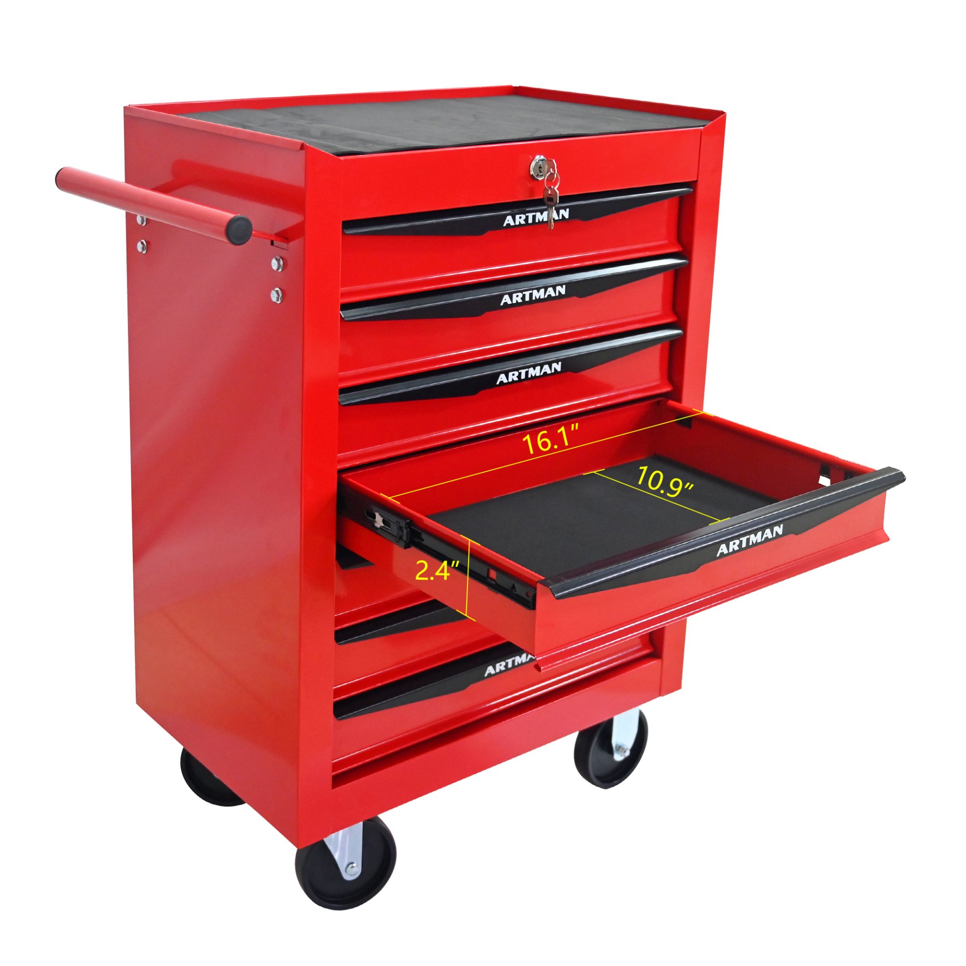 Rolling Metal Tool Chest With 7 Drawers, 20" Steel Storage Cabinet With Ball Bearing Slides - Red / Black - Image 9