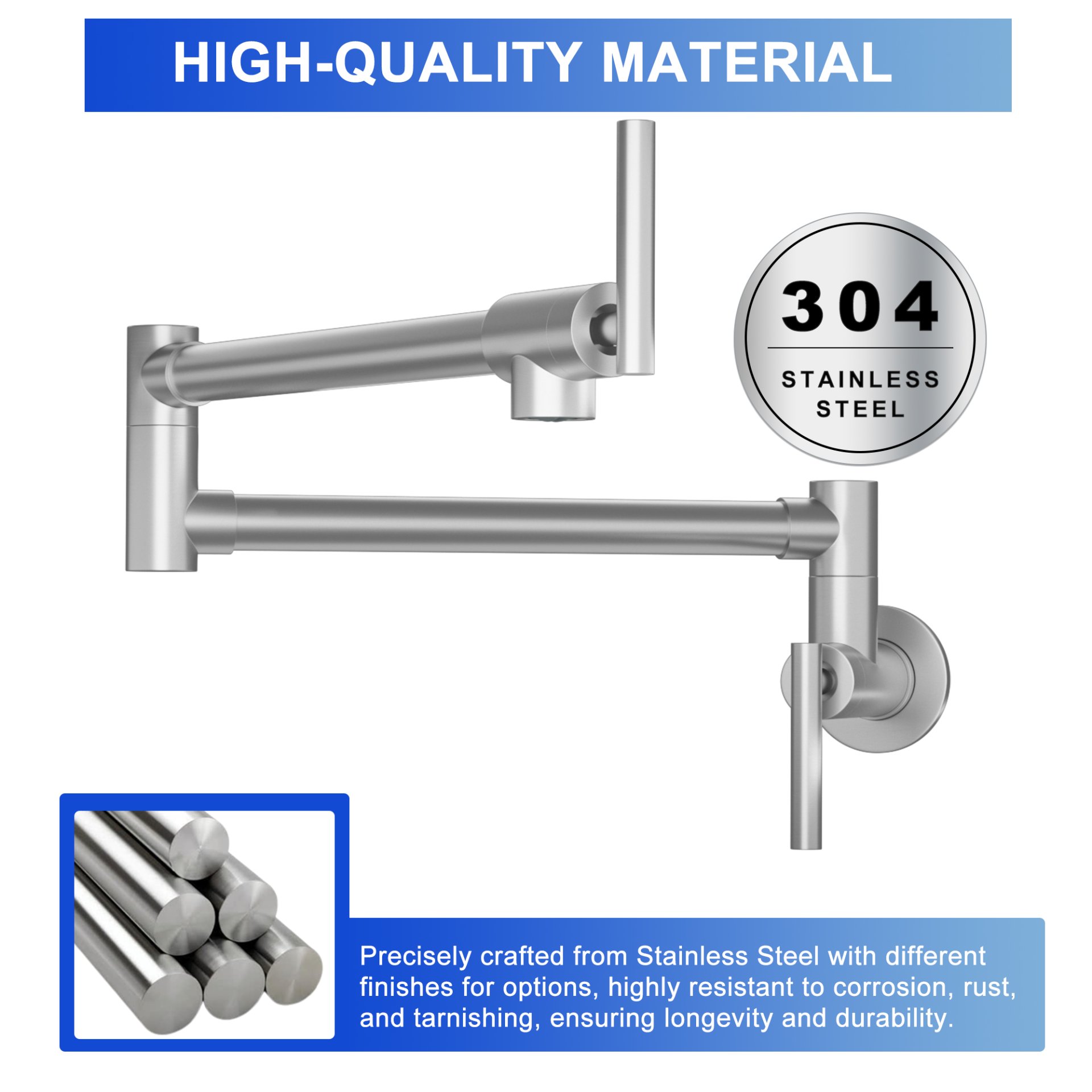 Wall Mount Pot Filler Faucet Folding Stretchable Kitchen Sink Faucet With 2 Handles - Brushed Nickel - Image 8