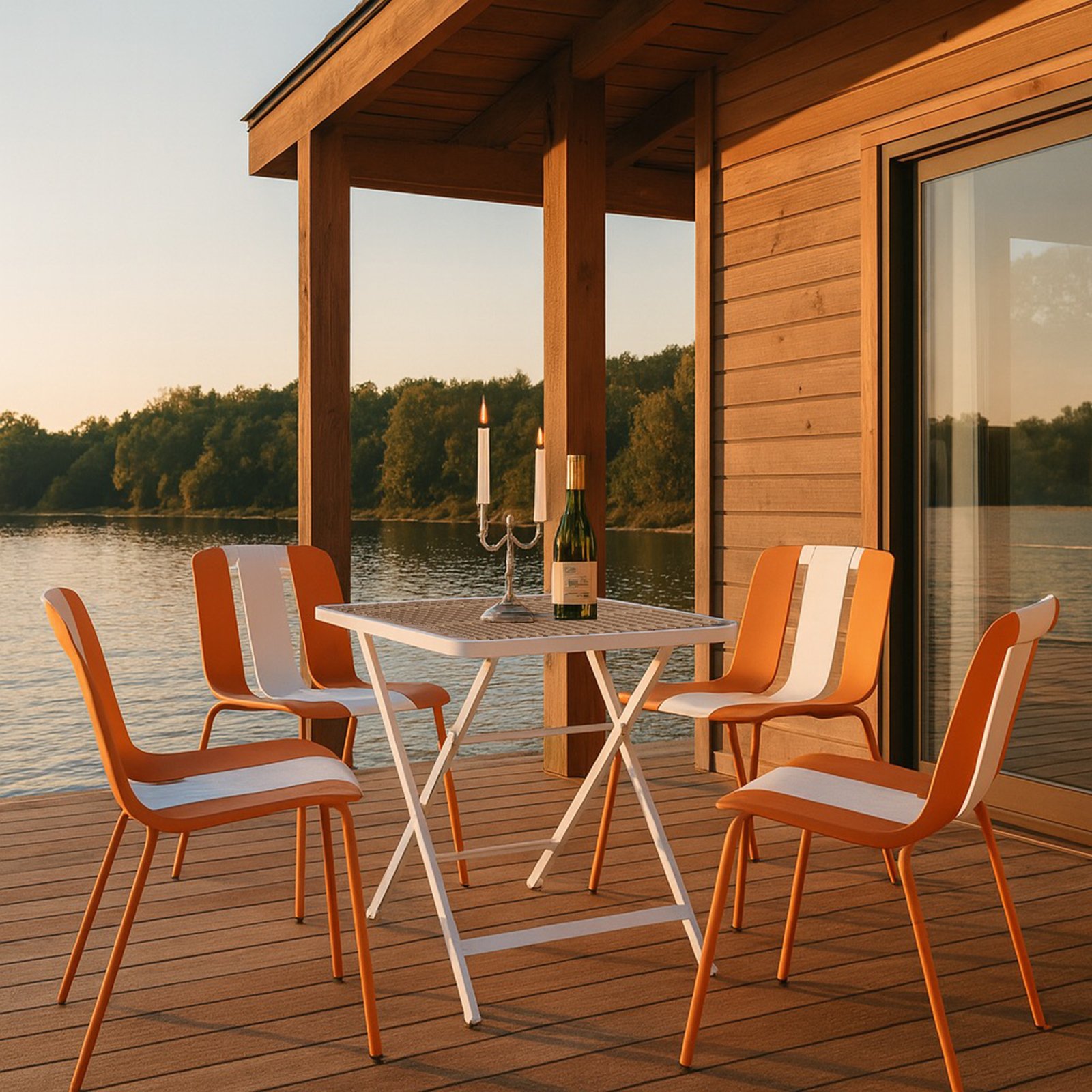 4 Piece Set Of Striped Color Blocking Single Chairs With Folding Square Table - Beige / Khaki / Tropical Orange / White - Image 16
