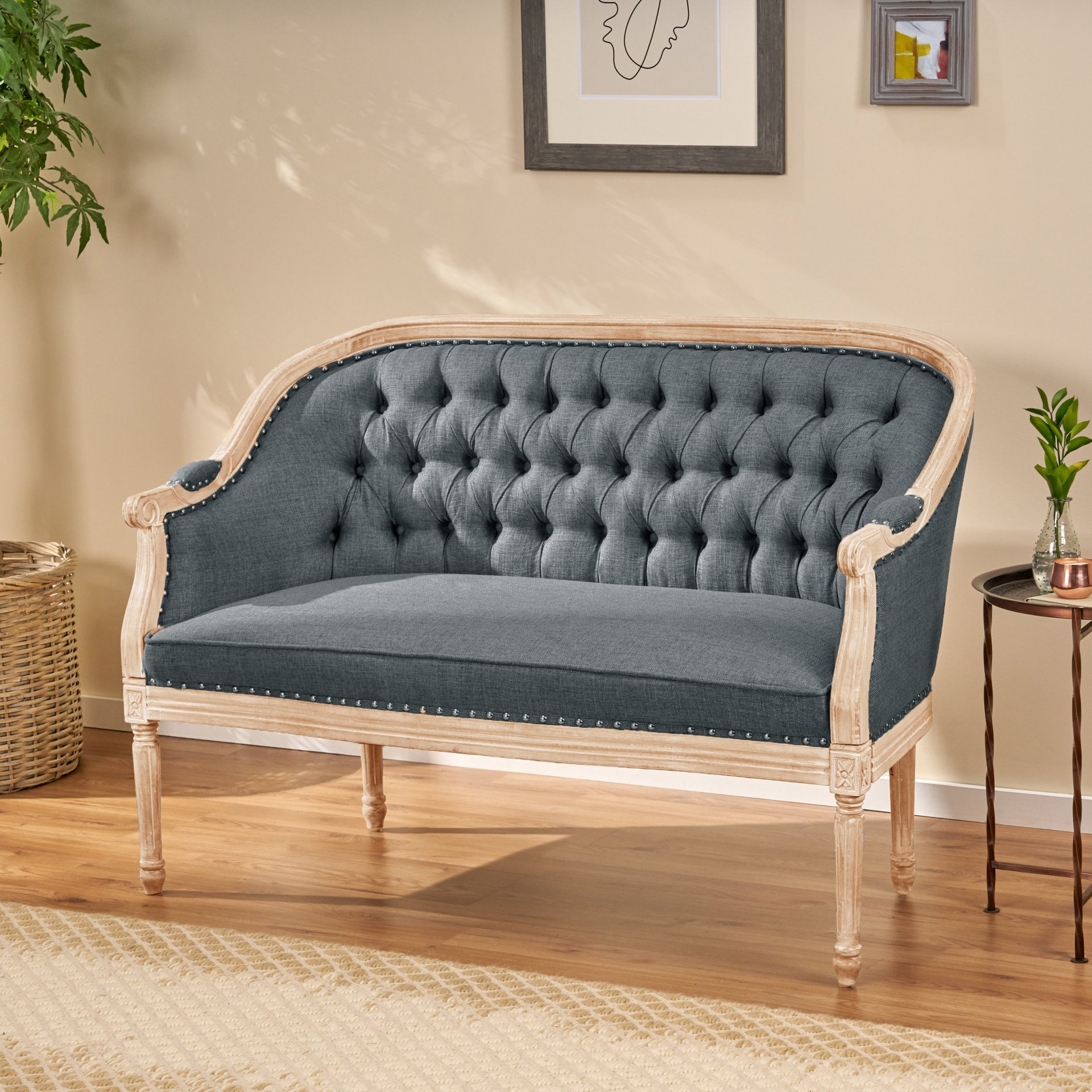 French Country Chesterfield Style Tufted Loveseat - Dark Gray - Image 2