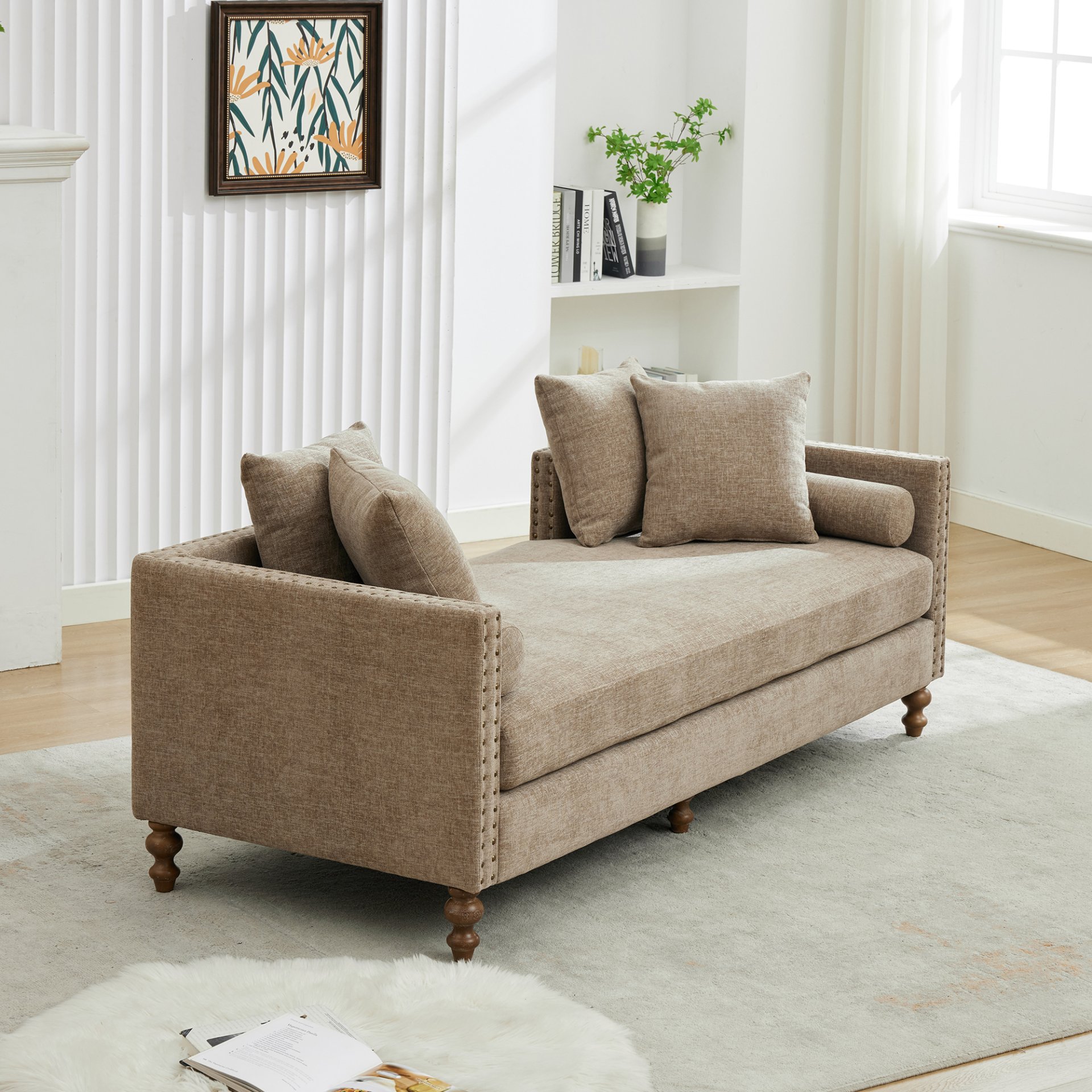Upholstered Chaise Lounge Indoor With Nailheads, Sleeper Sofa Couch With 4 Throw Pillows & 2 Bolsters, Daybed With Rubberwood Legs - Taupe - Image 6