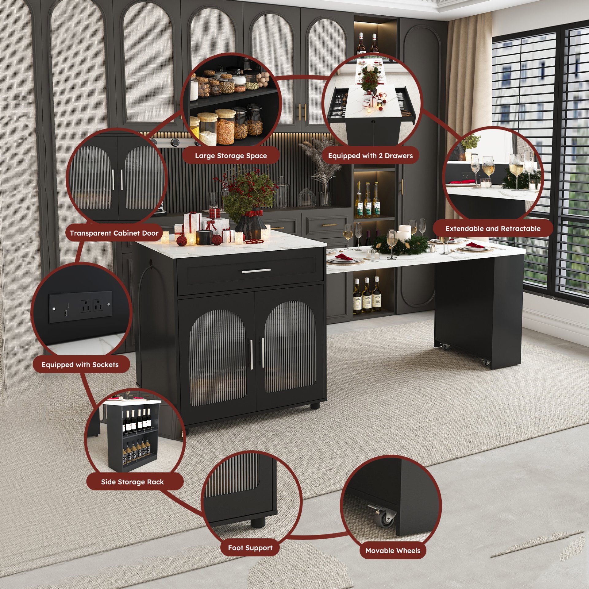 Expandable Kitchen Island With Dining Table - Black - Image 26