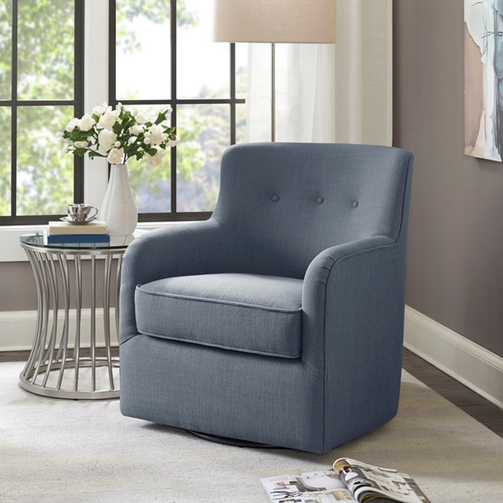 Adele - Swivel Chair With Button Tufted Back And Round Arms - Blue - Image 2