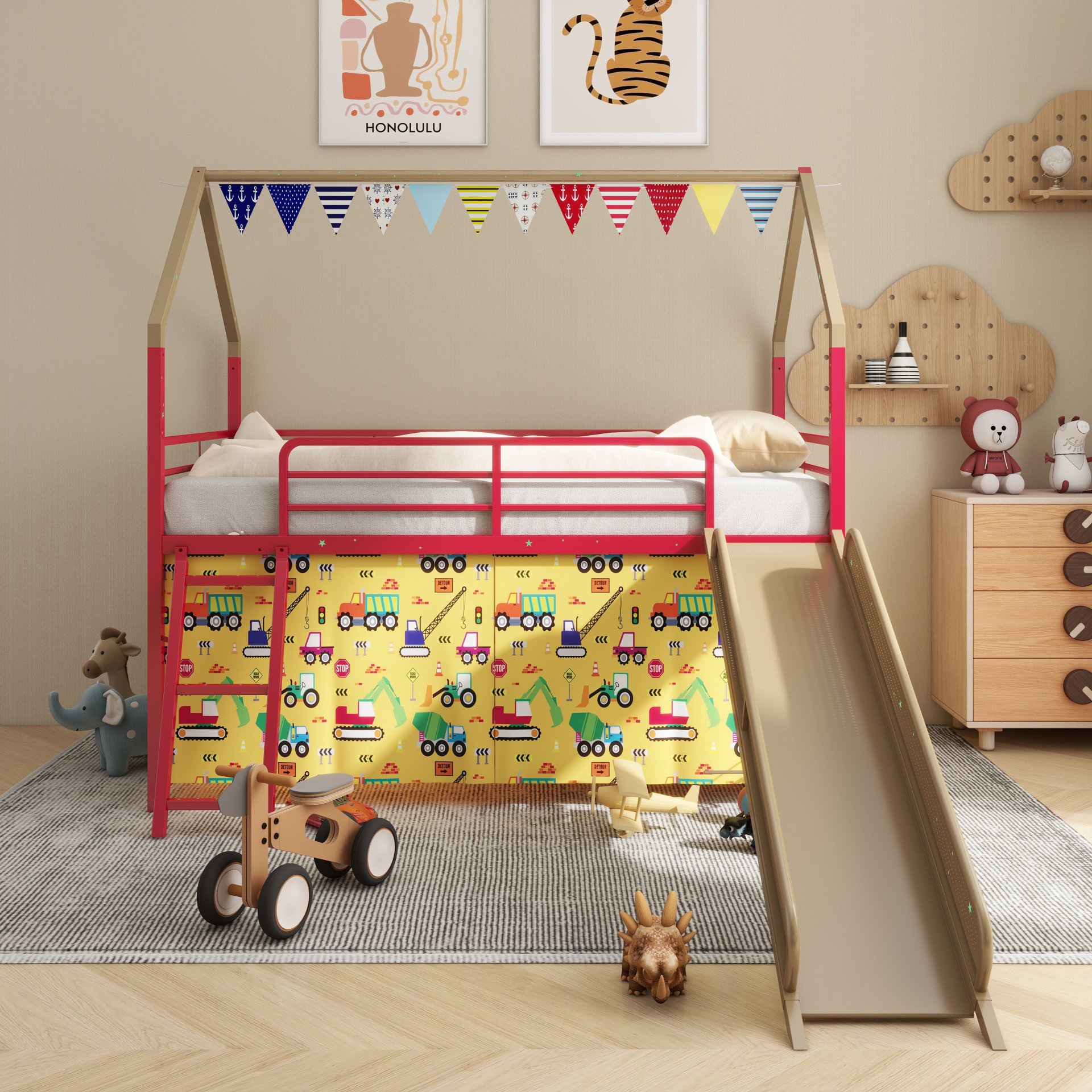 Jack - House Twin Loft Bed With Slide And Curtain Set, Superhero - Gold - Image 4