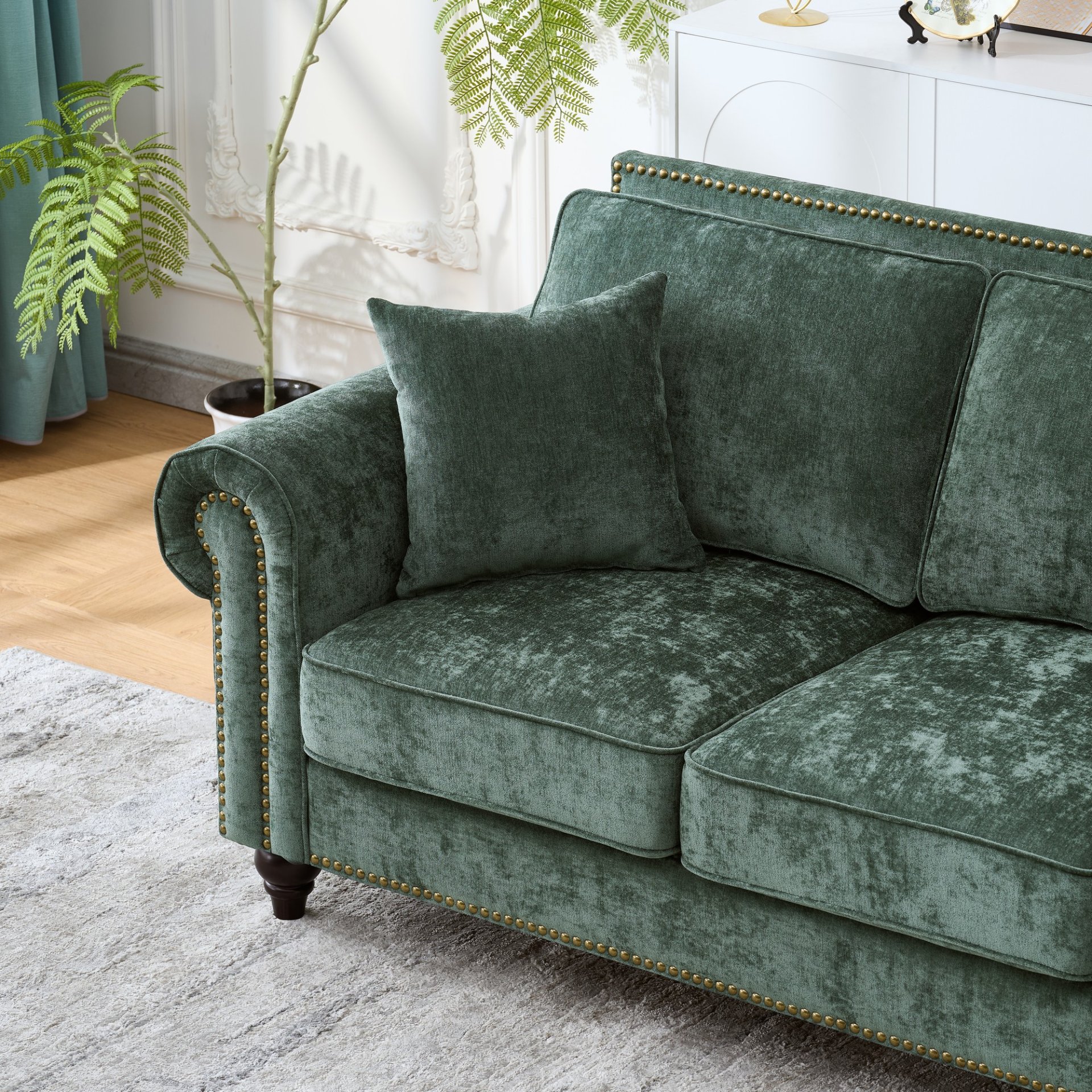 2 Seater Sofa With Rolled Arms, Tufted, Legs, Nailhead Trim - Green - Image 9