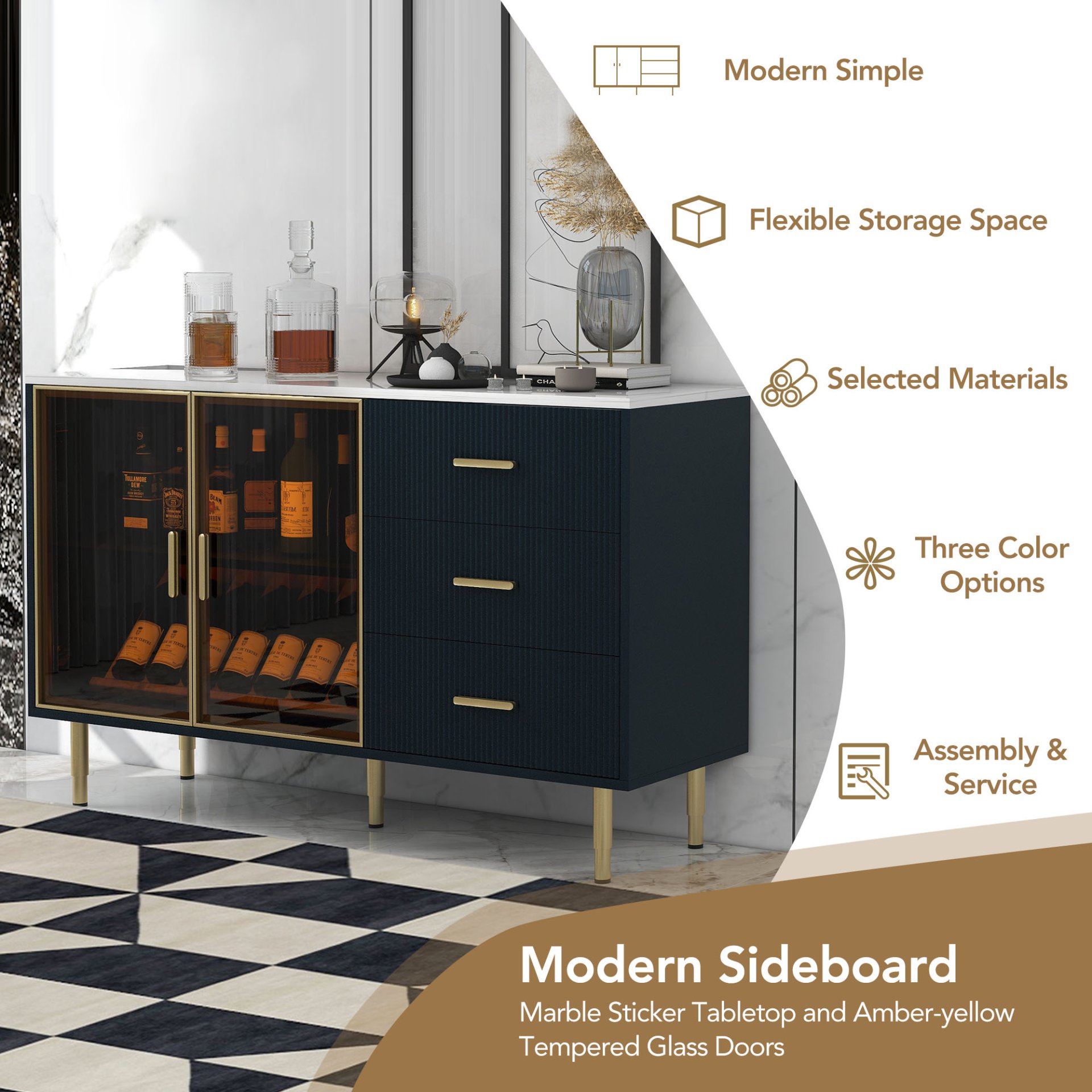 Modern Sideboard Buffet Cabinet Marble Sticker Tabletop And Amber-Yellow Tempered Glass Doors With Gold Metal Legs & Handles - Navy Blue - Image 6