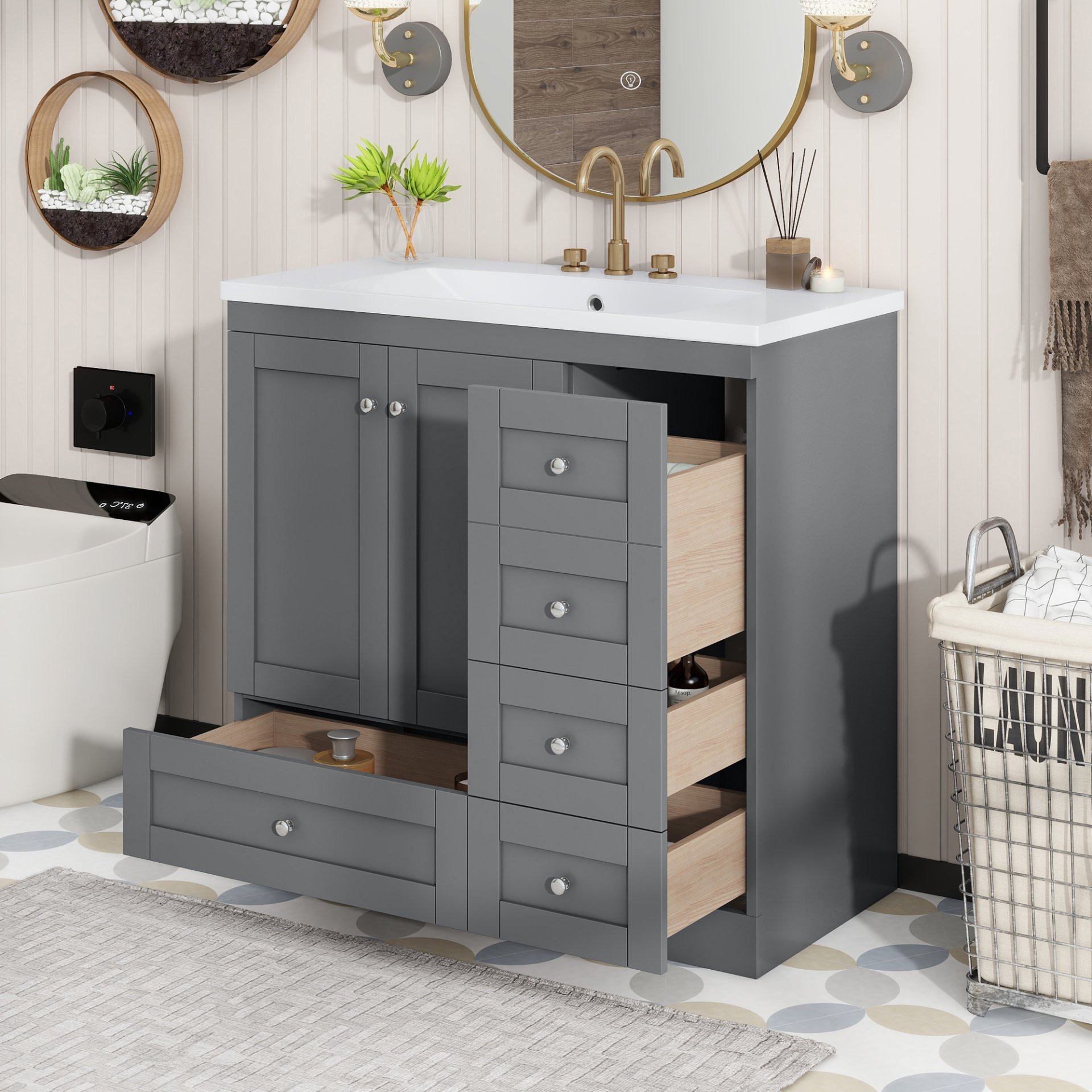 Shaker Style Free Standing Bathroom Vanity Cabinet With Sink, 4 Soft Close Drawers And 2 Soft Close Doors - Gray - Image 6