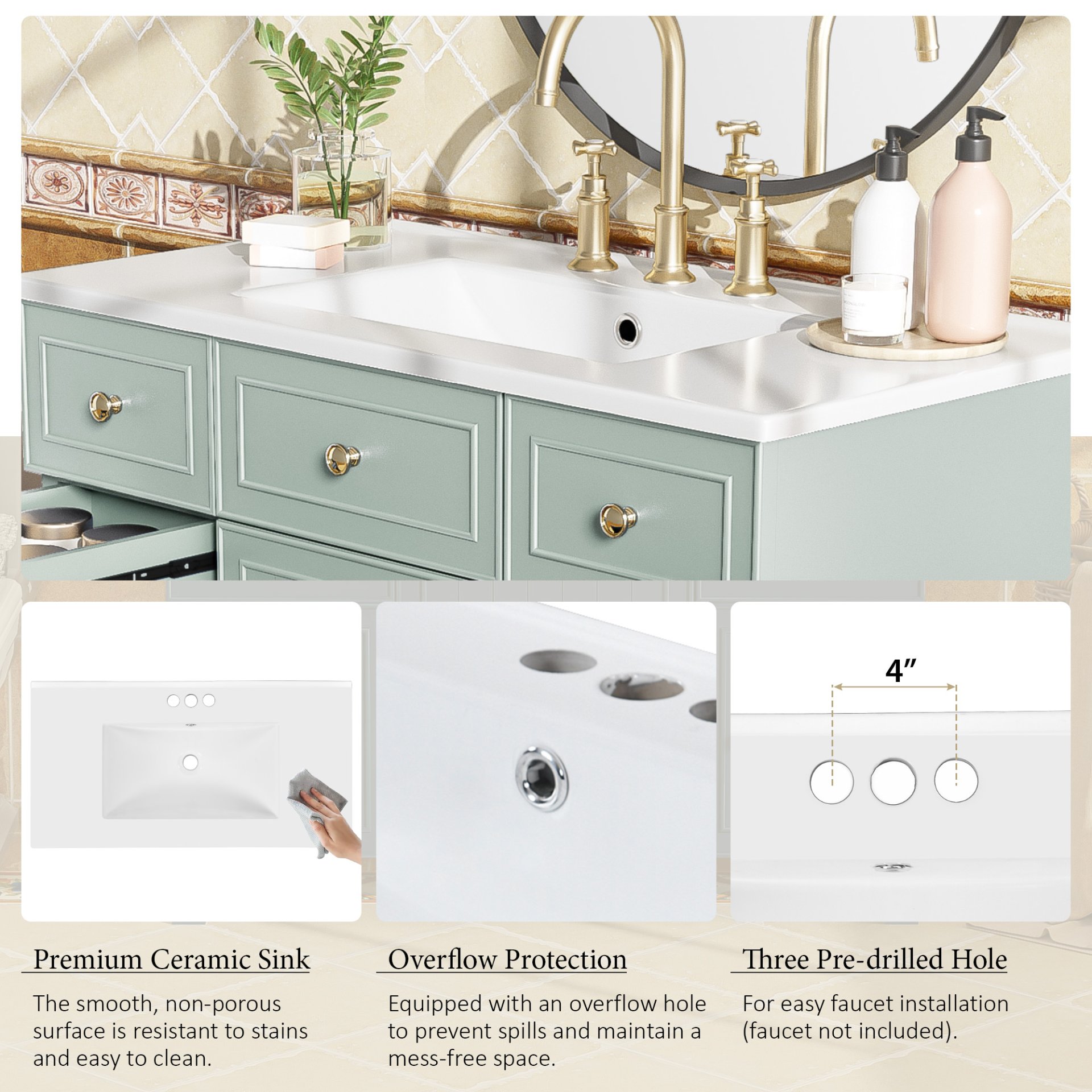 36" Bathroom Vanity With Sink, Soft Close Doors, Adjustable Shelves, And Hairdryer Storage - Green - Image 10