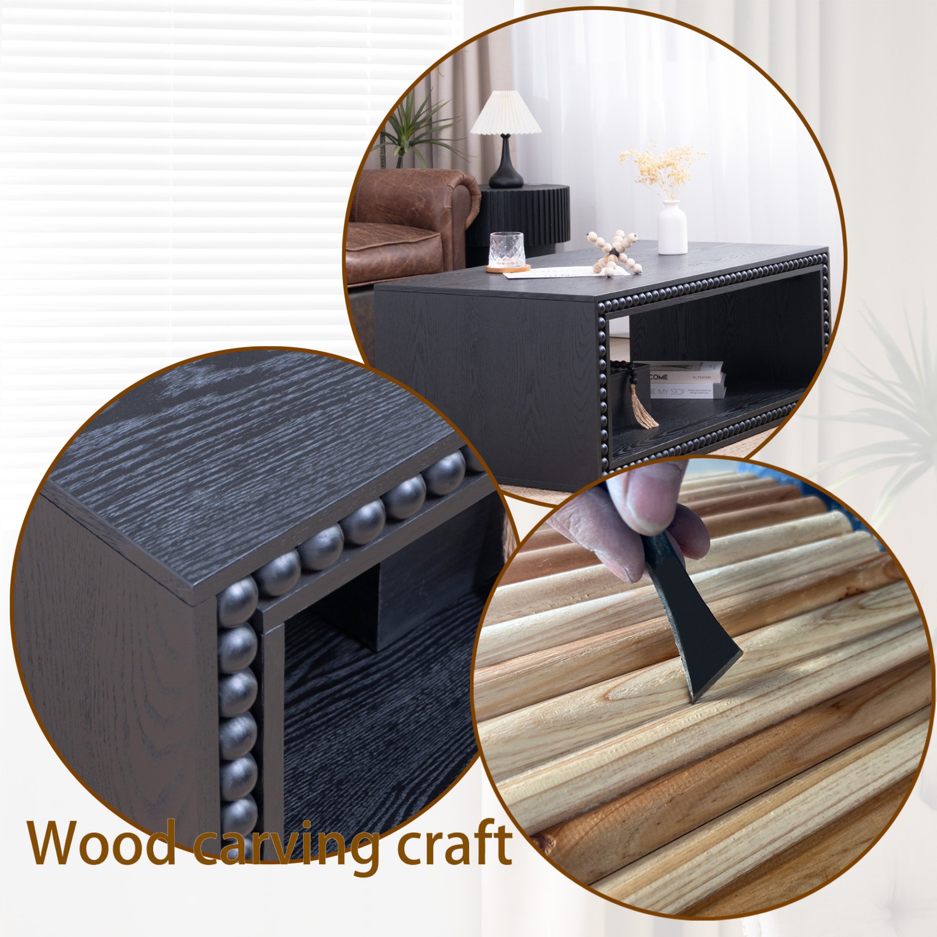 Beaded Edge Coffee Table, Rectangular Center Table With Open Storage Shelf - Black - Image 9