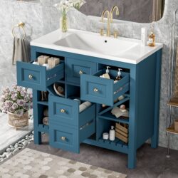 Bathroom Vanity With Resin Sink Combo, Frame Bathroom Storage Cabinet, Freestanding Vanity Set, 5 Drawers & Soft Closing Doors - Blue