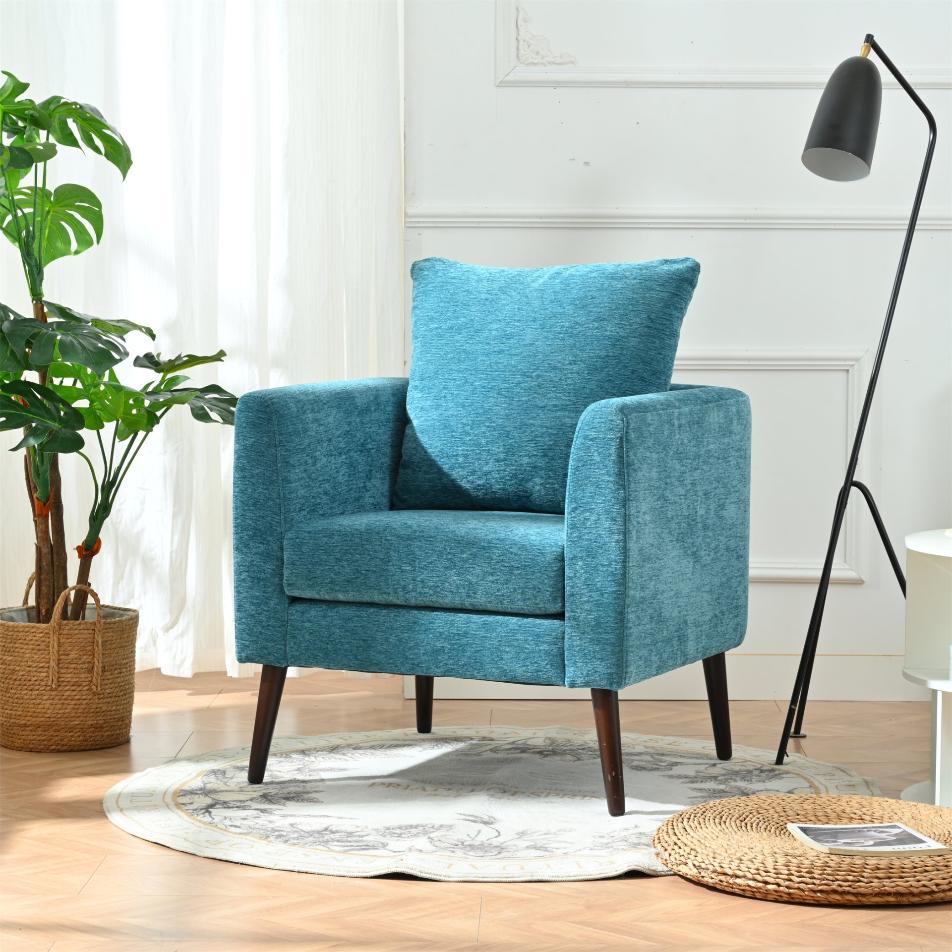 Accent Chair, Boucle Chair, Barrel Chair, Fabric Armchair Club Chair, Upholstered Arm Chair With Solid Wood Legs, Waist Pillow, Padded Single Chair For Living Room / Bedroom / Study / Waiting Room - Teal - Image 2