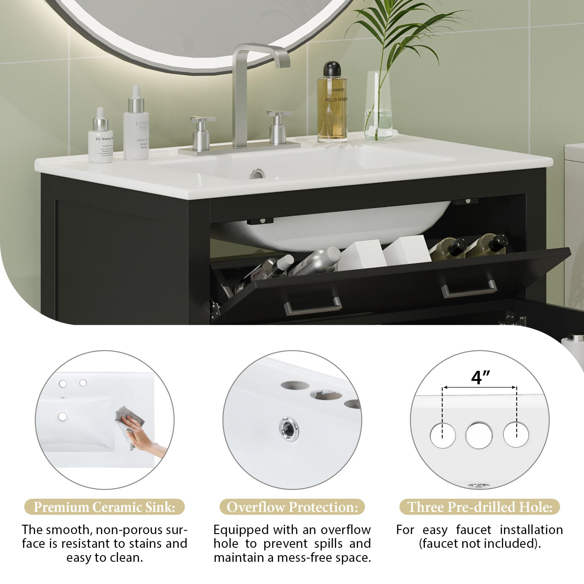 30" Bathroom Vanity With Sink And Soft Close Doors - Black - Image 7