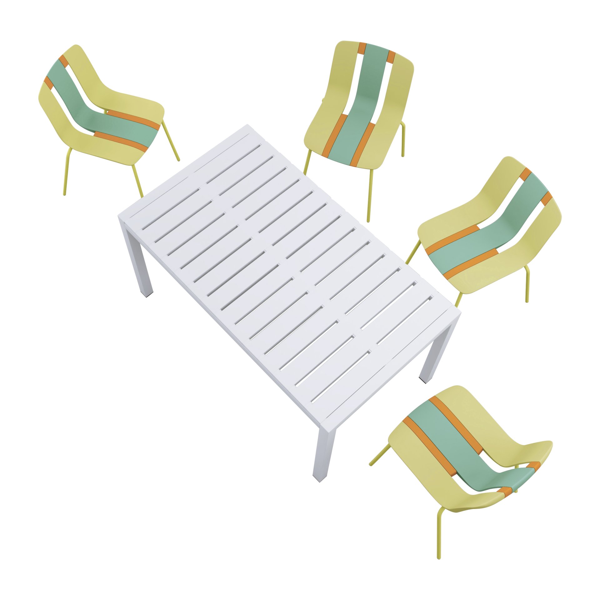 4 Piece Set Of Striped Color Blocking Single Chairs With Long Table - Grain Yellow / Haze Green / Tropical Orange / White - Image 11