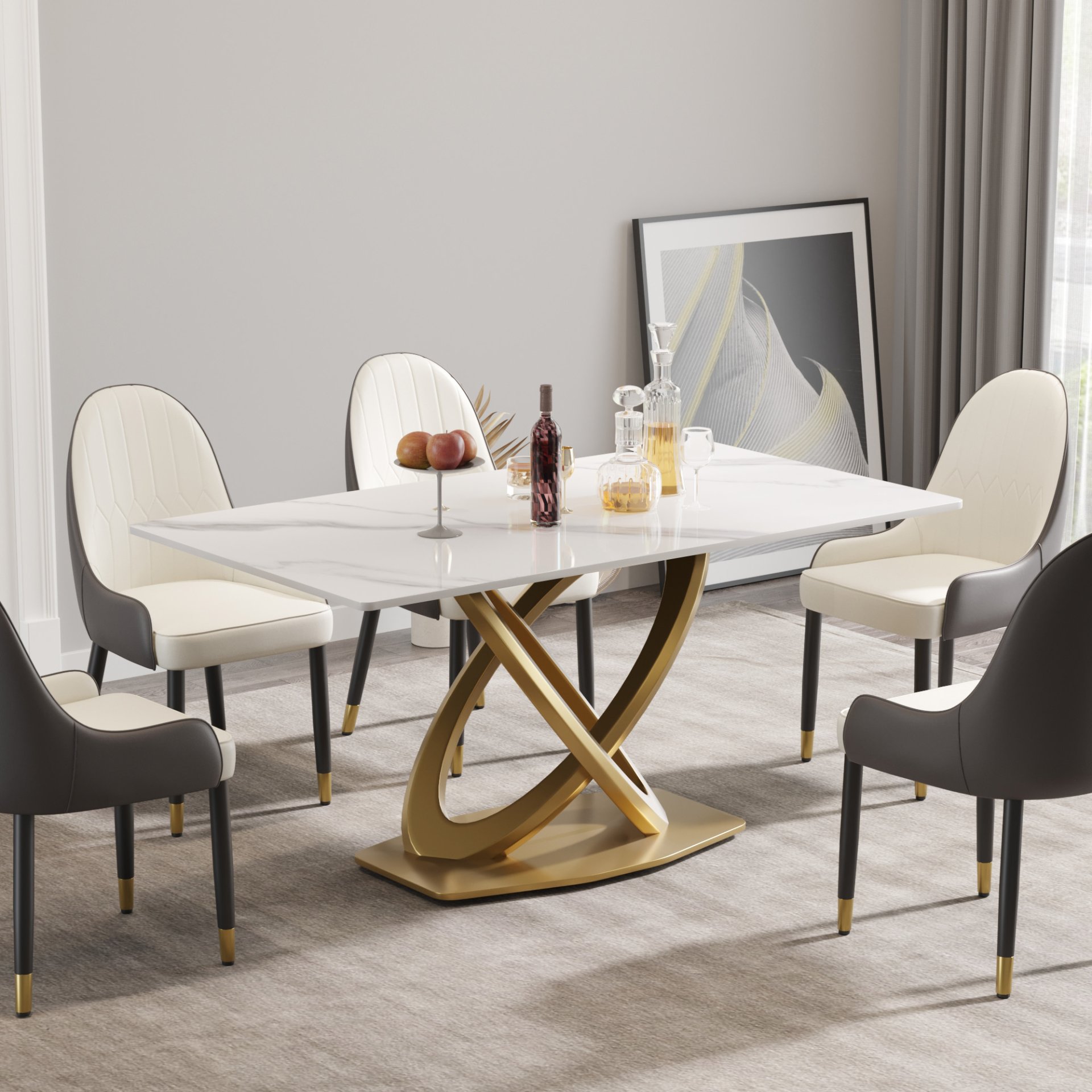 63" Modern Artificial Stone Panel Double-Ring Stainless Steel Metal Legs, Can Accommodate 6-8 People - White / Gold - Image 2