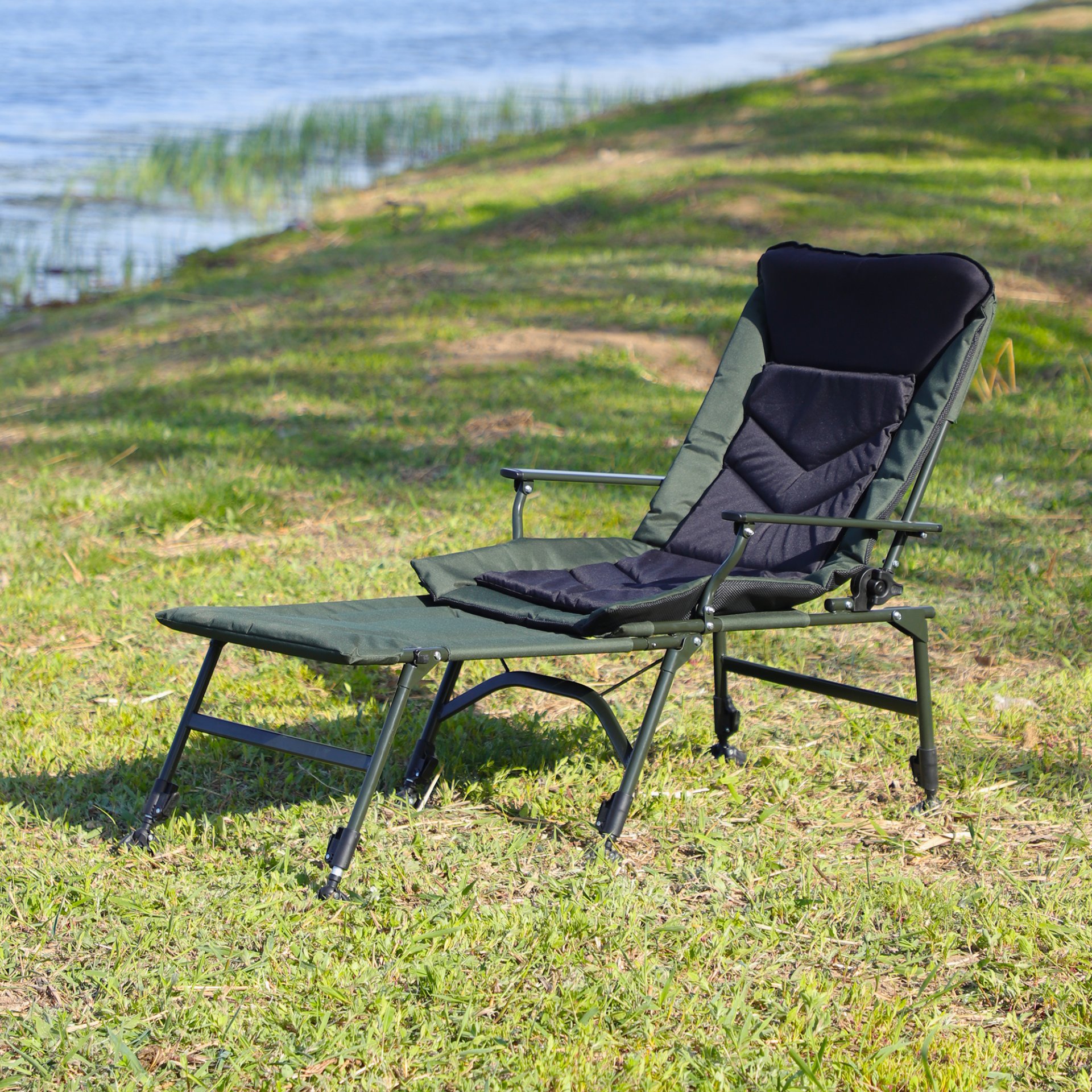 Camping Lounge Chair With Detachable Footrest, Portable Folding Reclining Camping Chair With Adjustable Backrest For Indoor And Outdoor Camping Beach Hiking Fishing - Green / Black - Image 4