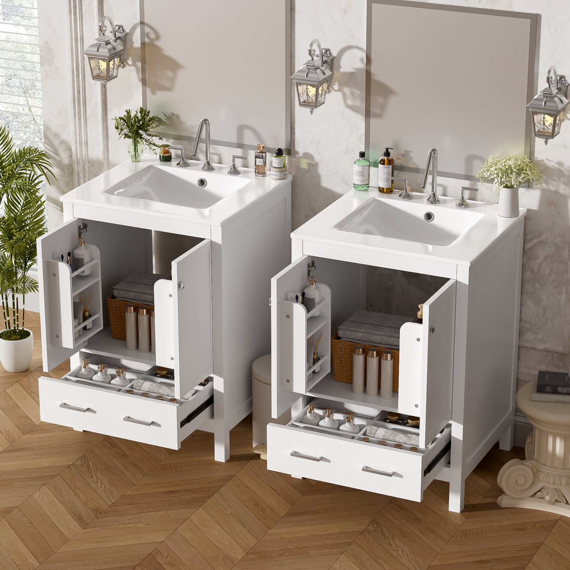 Bathroom Vanity With Integrated Undermount Sinks, Soft Close Doors, Divided Drawer, And Double Layer Shelf - White - Image 6
