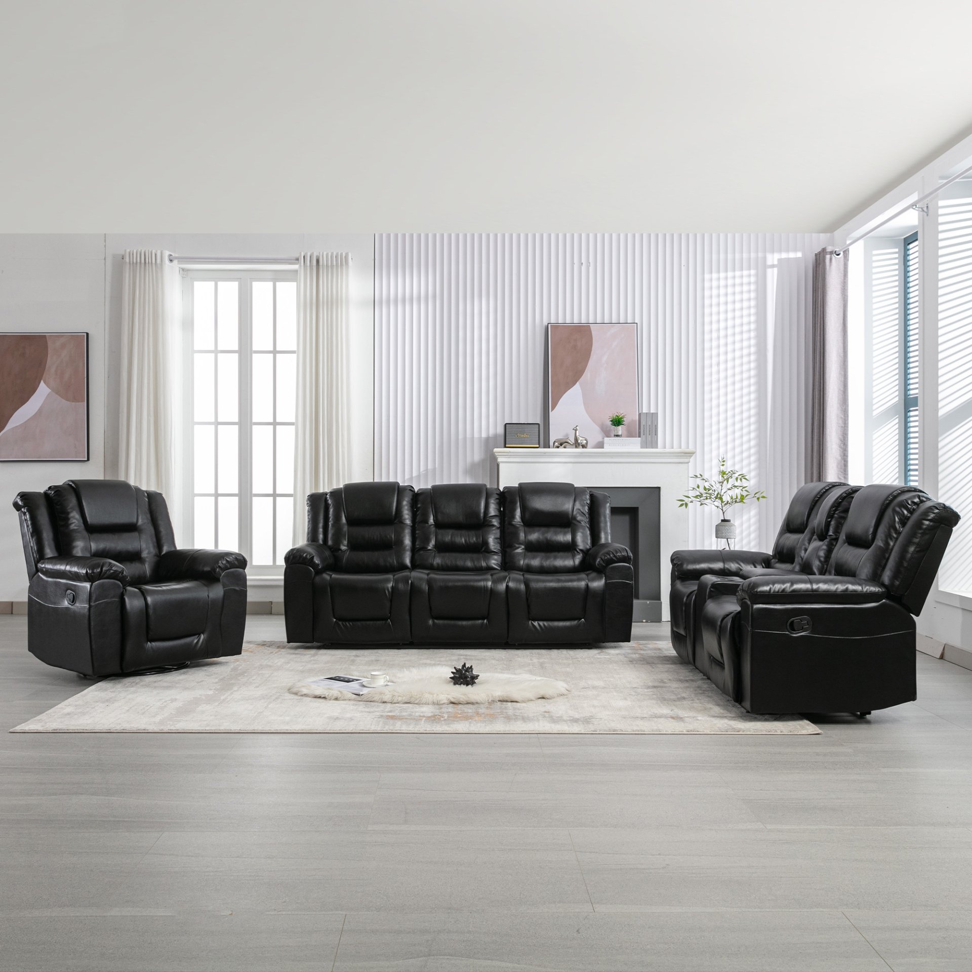 Home Theater Recliner Set Manual Recliner Chair With Wide Armrest, Two Built-In Cup Holders For Living Room - Black - Image 2